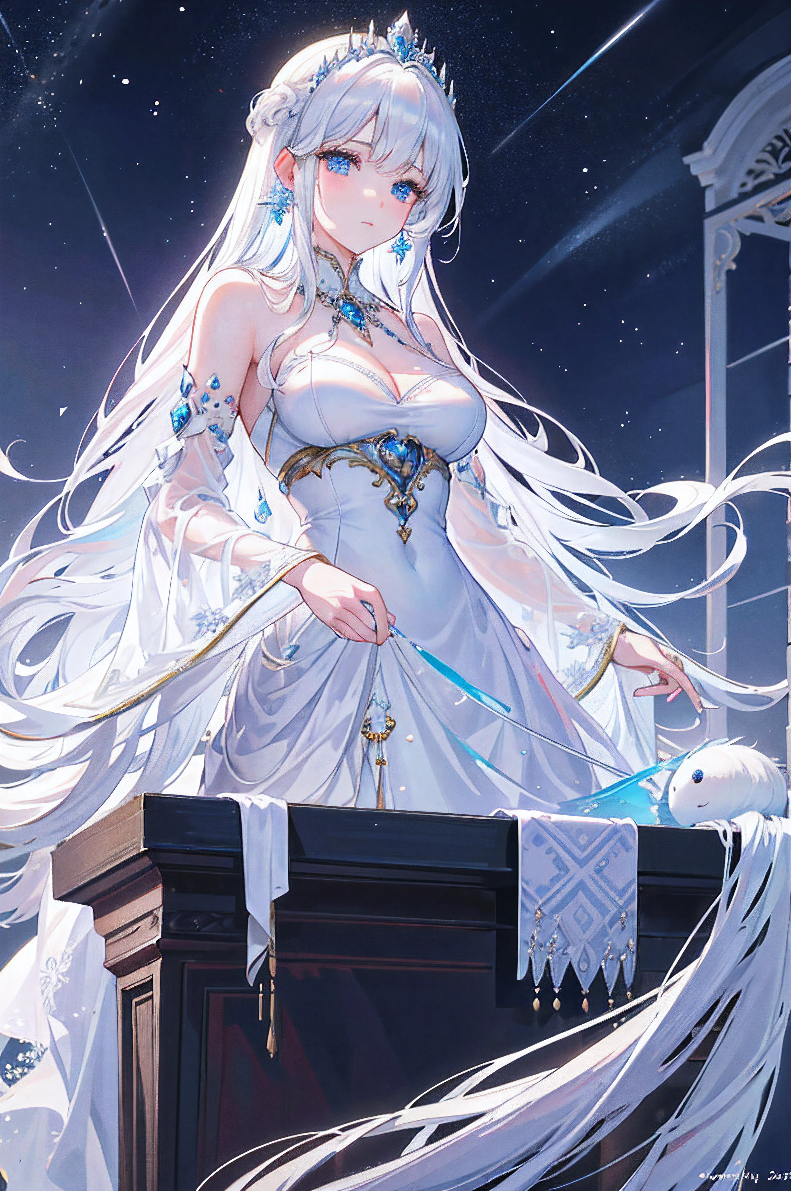 (Best quality at best,4K,8K,A high resolution,tmasterpiece:1.2),ultra - detailed,(actual,realisticlying,Photorealistic:1.37),long flowing white hair,Snow Queen,Play the piano gracefully,A princess,evening formal robes,Icy blue eyes,Delicate snowflake earrings,Icy breath,The crystal snowflakes fall silently,Sparkling frost landscape,The frozen palace in the distance,Subtle Northern Lights dance across the sky,Crystal clear piano keys reflect light,Gentle music echoed in the grand banquet hall,Snowflakes swirl in the air,Quiet elegance and serenity,Beautiful posture creates charming melody,There is a trace of loneliness hidden in the eyes,Show your kingly style,A silver tiara adorns her head,It has intricate icy patterns on it,The soft moonlight casts a magical light on her ethereal figure,Every move she makes exudes sublime beauty,The palace guards in formal attire held their heads high,Bright colors contrast with the cold background,The perfect harmony of ice and music,capture the hearts of all who listen.