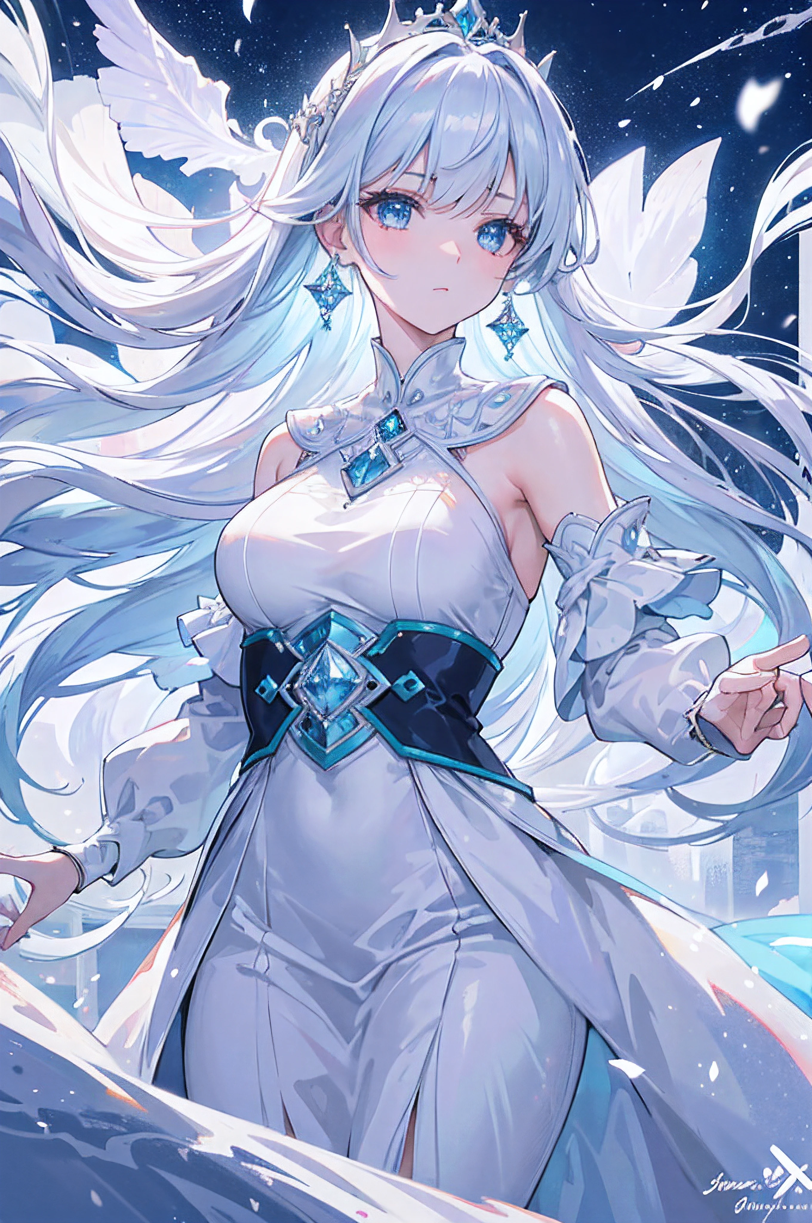 (Best quality at best,4K,8K,A high resolution,tmasterpiece:1.2),ultra - detailed,(actual,realisticlying,Photorealistic:1.37),long flowing white hair,Snow Queen,Play the piano gracefully,A princess,evening formal robes,Icy blue eyes,Delicate snowflake earrings,Icy breath,The crystal snowflakes fall silently,Sparkling frost landscape,The frozen palace in the distance,Subtle Northern Lights dance across the sky,Crystal clear piano keys reflect light,Gentle music echoed in the grand banquet hall,Snowflakes swirl in the air,Quiet elegance and serenity,Beautiful posture creates charming melody,There is a trace of loneliness hidden in the eyes,Show your kingly style,A silver tiara adorns her head，It has intricate icy patterns on it,The soft moonlight casts a magical light on her ethereal figure,Every move she makes exudes sublime beauty,The palace guards in formal attire held their heads high,Bright colors contrast with the cold background,The perfect harmony of ice and music,capture the hearts of all who listen.