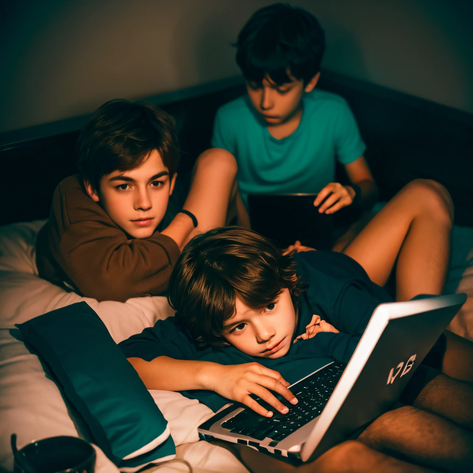 Two brown haired boys cuddling in bed, in a dark bedroom watching a laptop, and a cat curled up on the bed.