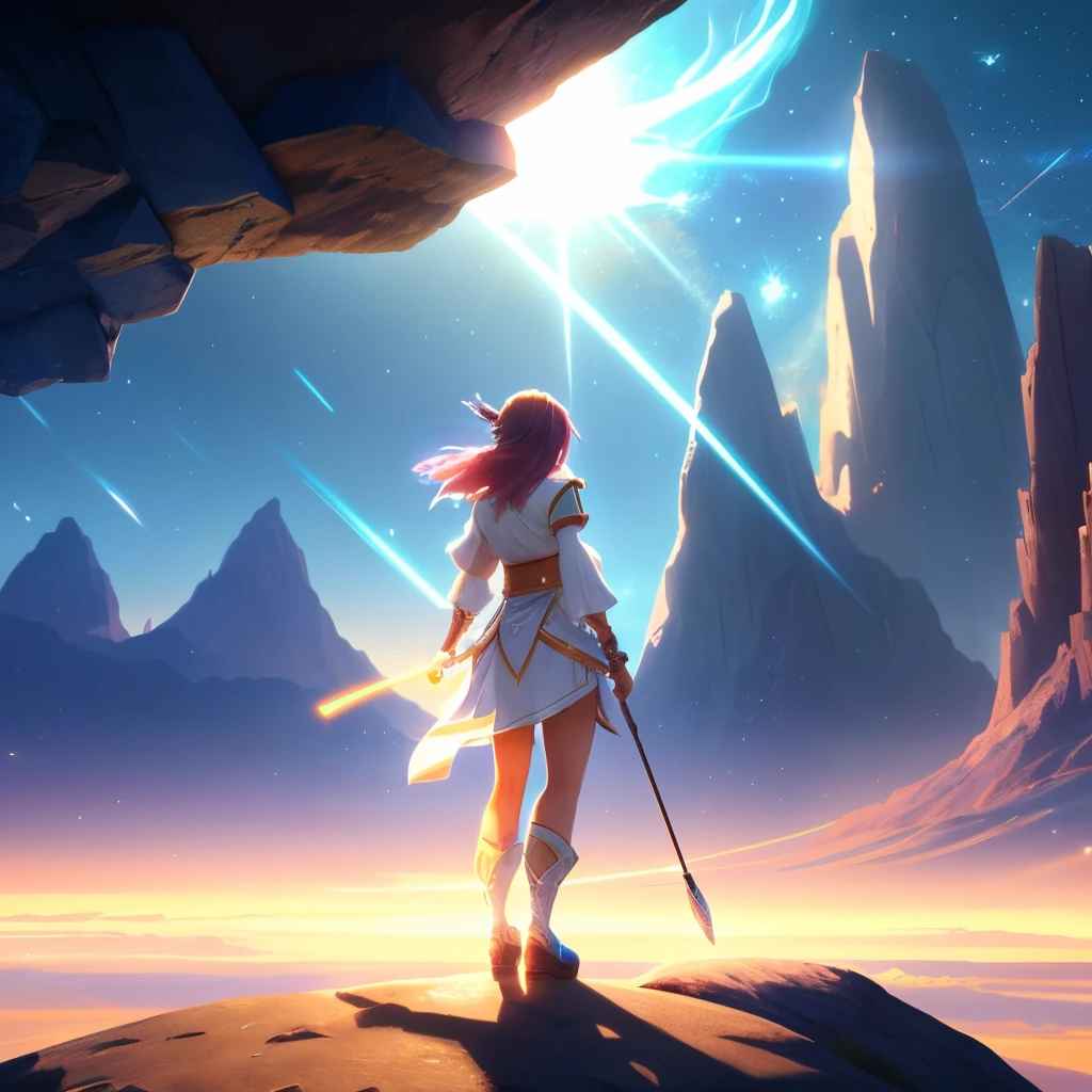 a close up of a masterpiece, best quality, 1girl, solo, guizhong_genshin, default_dress, from behind, starry sky print, sleeves over wrists, barefoot standing in front of a light beam, glowing lens flare wraith girl, 8 k hd wallpaperjpeg artifact, 8k hd wallpaperjpeg artifact, rossdraws global illumination, taliyah, concept art wallpaper 4k, rossdraws volumetric lighting, blizzard game concept art, high quality digital concept art