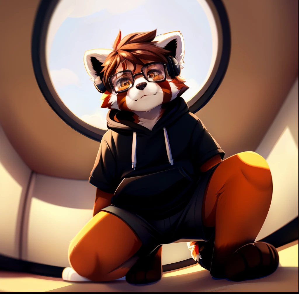 red panda, anthro, male, chubby, femboy, solo, black short sleeve hoodie, black shorts, headphones, black glasses, calm, amber eyes, looking up perspective, perspective from tiny, leaning over, crouched down, low angle, paws, (he is looking at tiny), (coffeesoda:1.1), hioshiru, zackary911