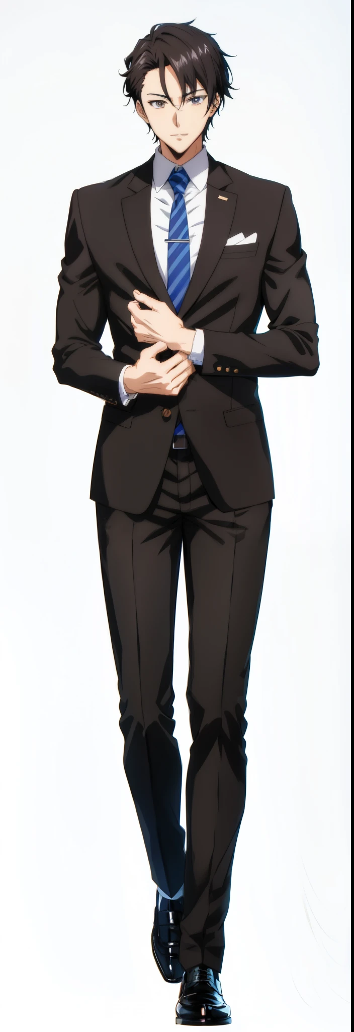 Anime man in a suit and tie standing with his hands in his pockets, tall anime guy with brown eyes, handsome anime pose, fullbody portrait, anime full body illustration, full-body character portrait, single character full body, character full body portrait, !!full body portrait!!