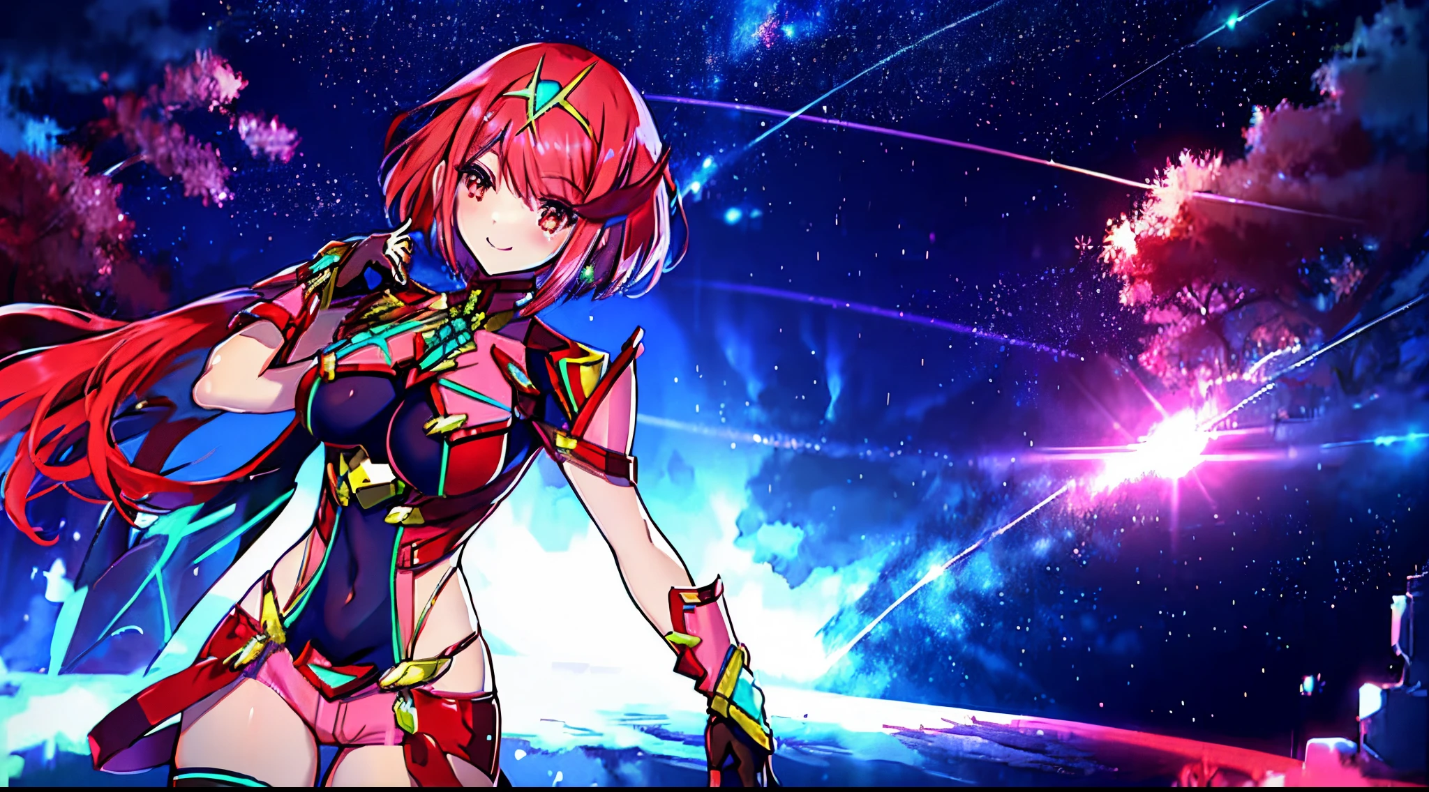 nsfw, pyra (xenoblade), one girl, armor, bangs, black gloves, chest, red eyes, closed mouth, earrings, eyelashes, fingerless gloves, floating hair, framed breasts, jewelry, gloves, hair ornaments, headpiece, jewelry, big, leaning, leotard, neon trim, official art, pose, redhead, red shorts, masatsugu Saito, short hair, shorts, Short Sleeves, Shorts, Side Locks, Skin Tight, Solo, Standing, Bangs, Thigh Socks, Tiara, Space Background, Turtleneck, Underbust, Arm Armor, Xenoblade Chronicles \(Series\), (Xenoblade Chronicles 2),