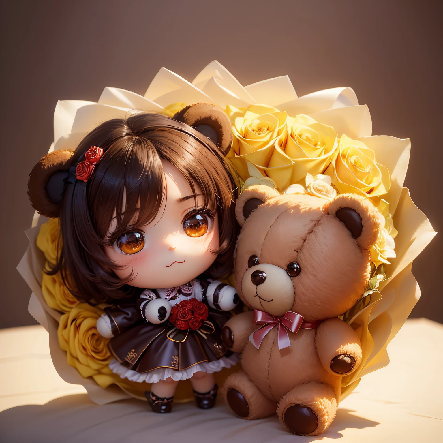 ​masterpiece、top-quality、ultra-detailliert、(chibi character teddy bear:1.2)、(With a bouquet of roses:1.2)、Simple backgrounds