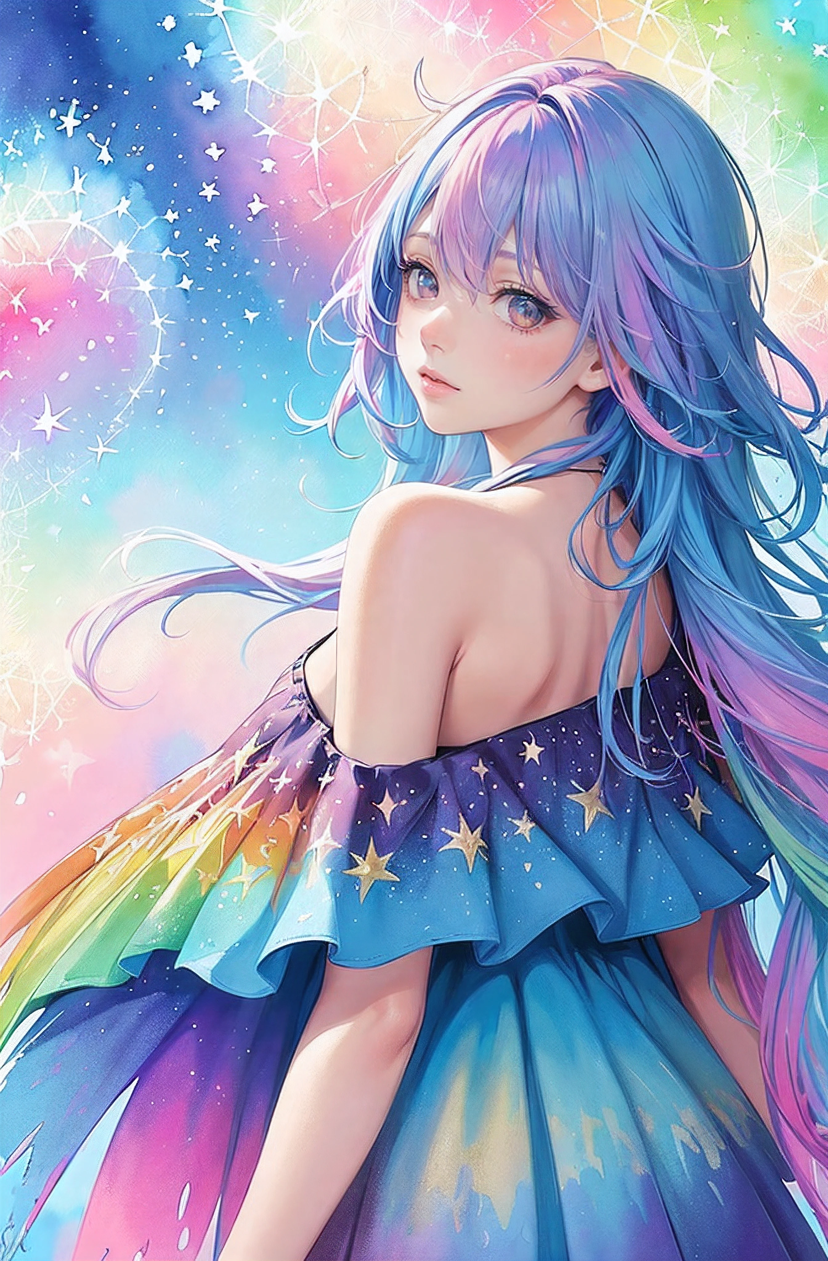 (masterpiece, top quality, best quality,watercolor (medium),official art, beautiful and aesthetic:1.2),(1girl:1.3), (fractal art:1.3),upper body, from side, looking at viewer,patterns,(rainbow color Hair,colorful hair,half blue and half pink hair:1.2),water,liquid, cloud,colorful, starry,stars,
