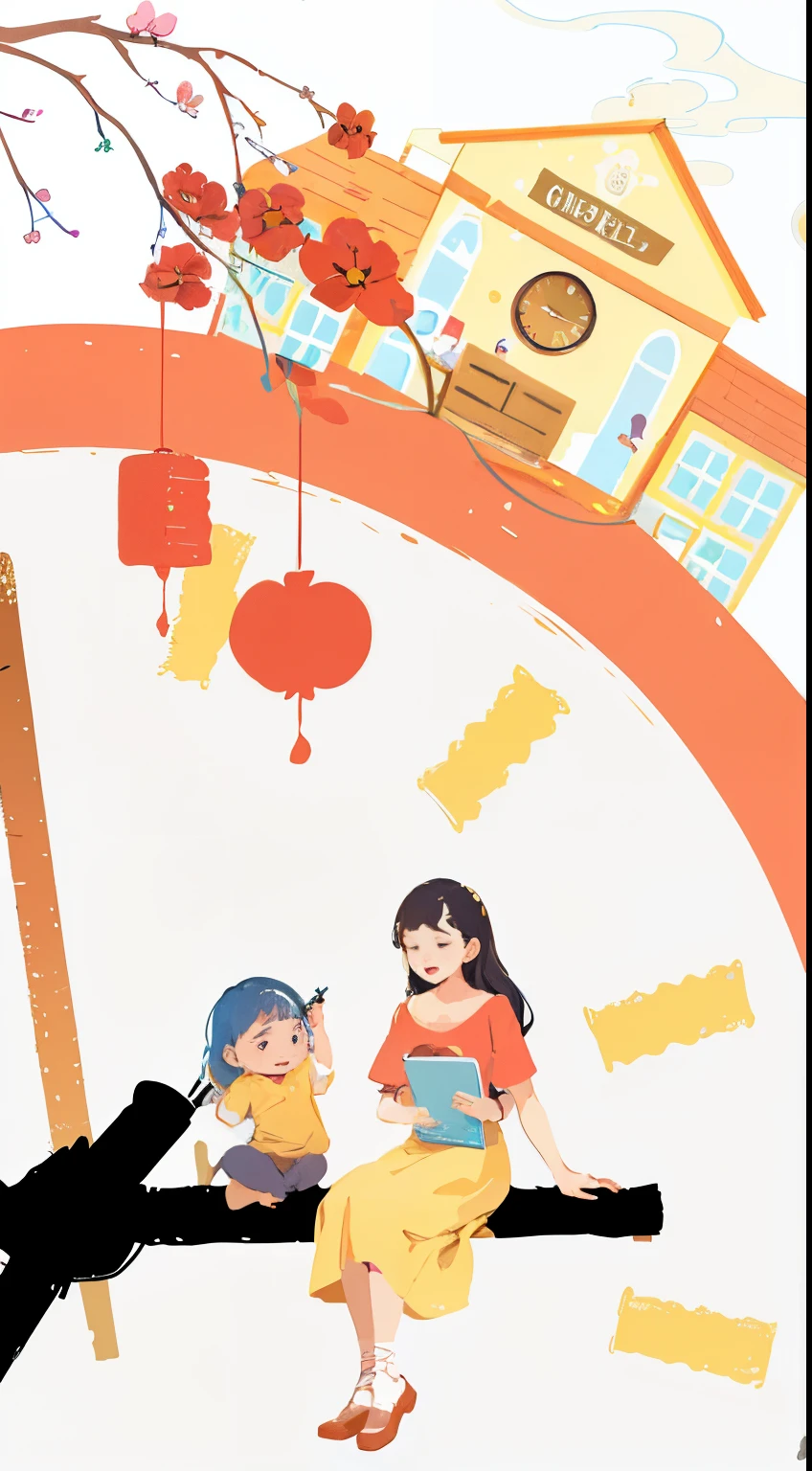 There is a woman and a child sitting on the clock, Colorful children's book illustrations, A beautiful artistic illustration, Children's book illustration, flatillustration, Colorful illustration, exciting illustration, Animated illustration style, Children's book illustration, cute illustration, children's book illustrations, Poster illustration, Simple and clean illustration, storybook illustrations, hand painted cartoon art style, Children's book illustration