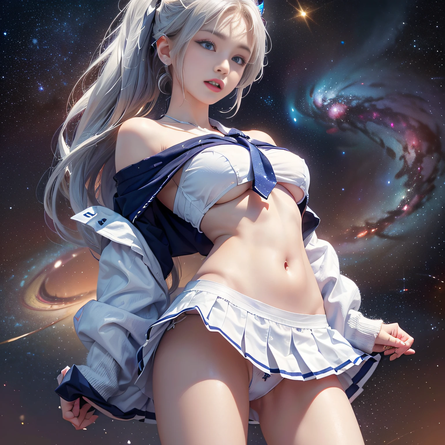 Blonde gray hair, Straight hair, Spread hair, Long hair, PUPILS SPARKLING, long eyelashes, Blue eyes, makeup, Smile, Color Field Painting, Contemporary art,double whirlwind pattern design garment,Iris heterochromatic pupil,((girl with silver ponytail))((off-shoulder white sailor uniform)),((red necktie))、((Navy blue detailed flared miniskirt))((Black stockings))((Black High Heels))、Wallpaper HD of,off shoulders、((erectile nipple))、(Puffy eyes:1.2)、 (Slim legs),(Light shines on the face and chest)、(((((underboob)))))、Lower breast、Oily skin、skinny、 (the underside of the chest is slightly visible),(Visible lower milk、I can see your belly button and ribs)、Hip bones and lower abdomen are visible、Dark blue flared skirt、(lift up skirt),((White T-back panties visible)),((Milky Way galaxy in the background))、 Northern Renaissance, Blurred, blending, From below, From Side, the panorama, ultra wide-angle, Wide Angle, F/1.8, 135 mm, canon, nffsw, retinas, masutepiece, Elaborate, Anatomically correct, Skin Texture, Super Detail, high detailing, High quality, hight resolution, 1080p, hard disk, 4K, 8K, of the highest quality, Sexy Pose , ((cheer girl)), serafuku, Japanese school sailor uniform, darkblue pleated skirt:1.27), (From below, White thong, 1.24),(top-quality)、 (masterpiece)、(Professional lighting with fewer shadows)、 (A hyper-realistic)、 (perfect anatomia)、 (In front of the camera、There are two women、Bangs and forehead、And moles under the eyes), (Bright and even whitening skin without wrinkles and steps:1.5), (Beautiful blue eyes with long eyelashes and red tear bags:1.5), (Two people proudly sticking out their chests in front of the camera.:1.2), (Another person on the other side、Turned back with arched hips)、