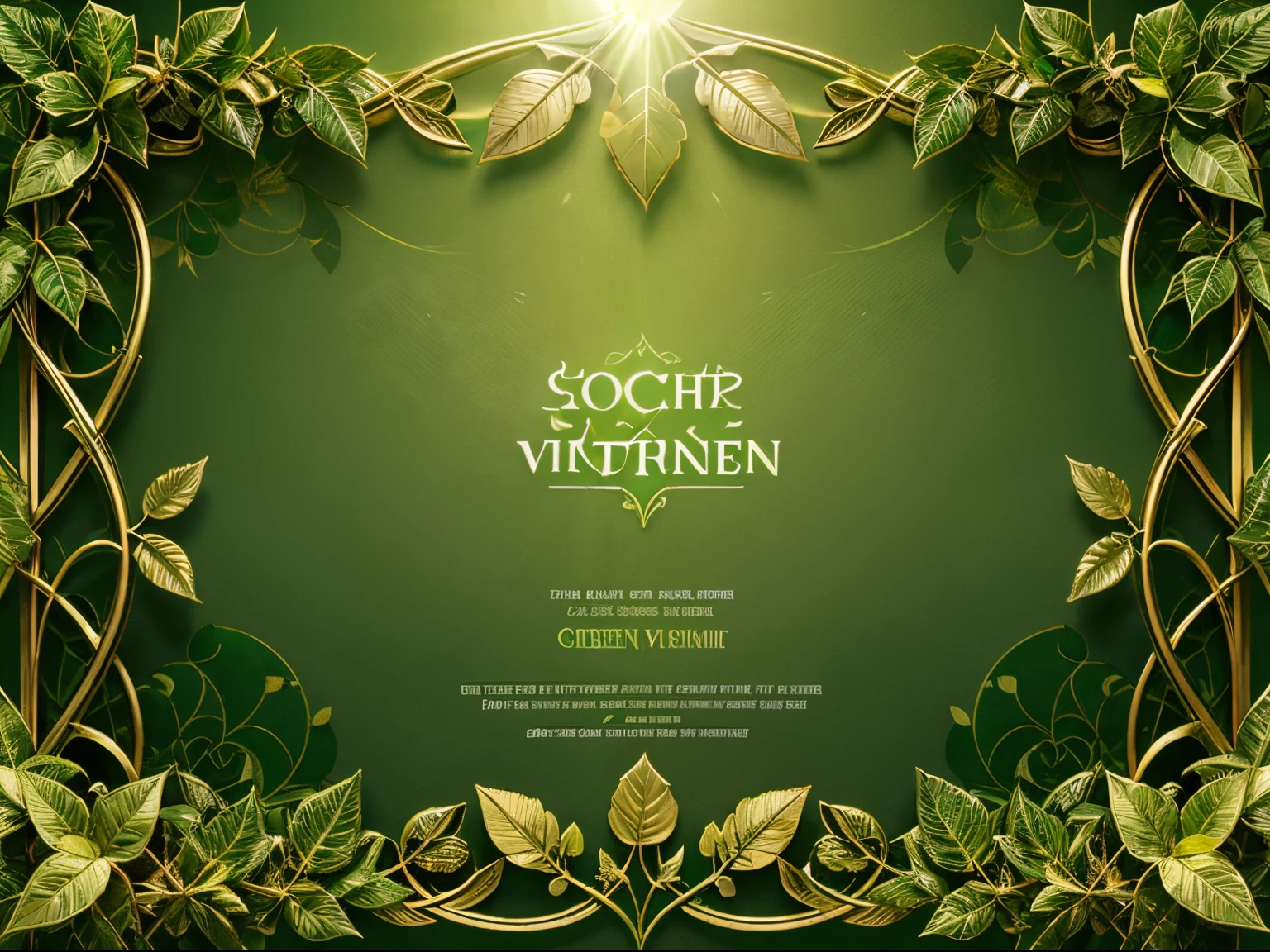 social media banner, light green background, gold and green vines border and empty center, intricate art deco leaf designs, celtic vegetation and fruit, light green gold, light green and natural light, green blessing, high detailed official artwork, high quality scan, made of leaves and vines, highly detailed illustration, green and gold, logo without text, digital painting highly detailed, garden of eden background