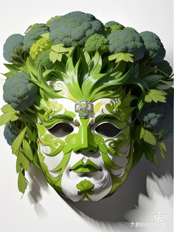 Close up of mask with broccoli on top, with a long beard、with a goatee、Arafad man wearing mask, Inspired by Hu Zaobin, inspired by Wu Daozi, chinese artist, Inspired by Chunguang Zhaibeizhou, Tengu mask, kabuki makeup, classic kabuki, portrait shooting, oriental face, inspired by algae, inspired by Xie Huan,Close-up of man with white beard and white face, hyper-detailed fantasy character, Inspired by Hu Zaobin, zbrush central selection, inspired by Wu Daozi, asura from chinese myth, Trending on zbrush Central, Zbrush art, ZBrush Central Competition Champion, Tengu mask, Qi Gong, japanese god