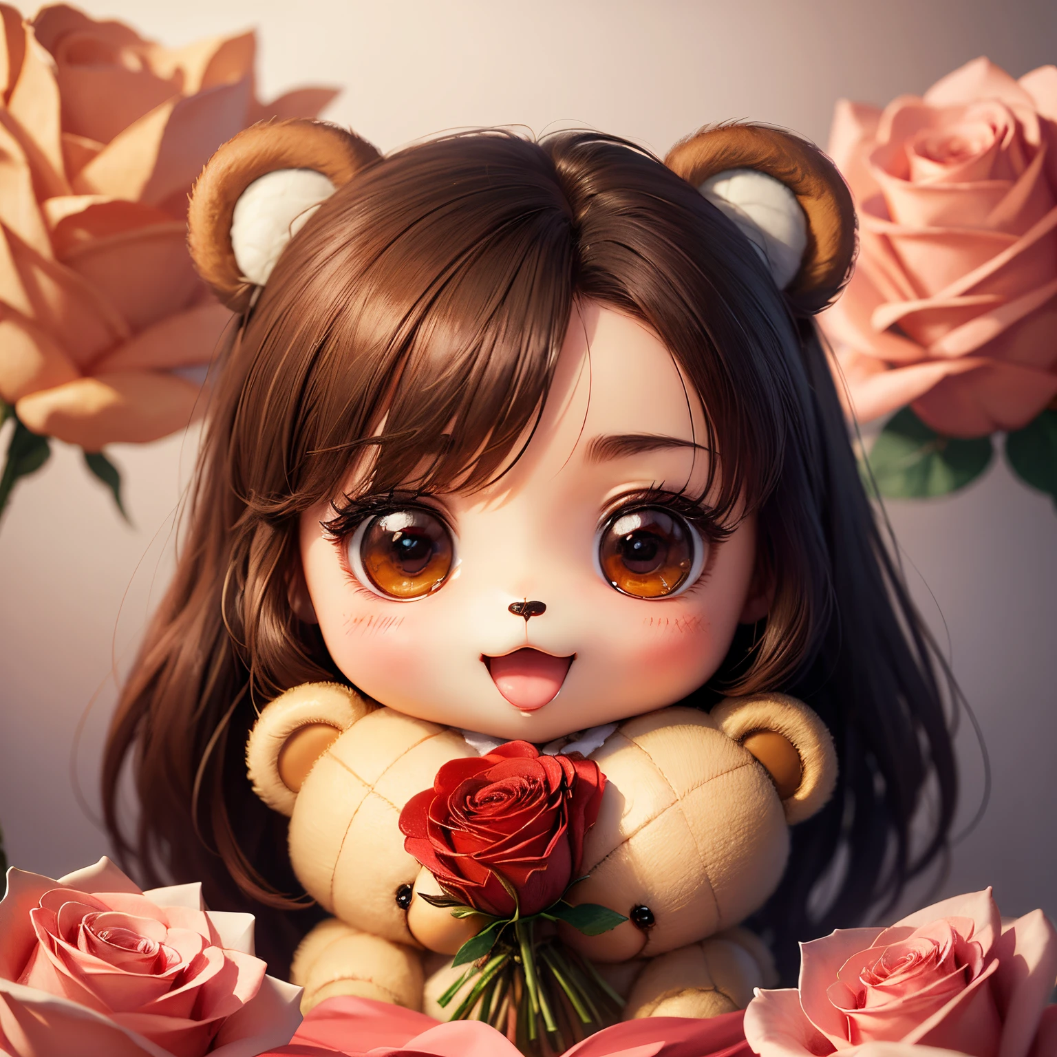 masterpiece、top-quality、ultra-detailliert、(chibi character teddy bear:1.2)、(with a bouquet of roses:1.2)、simple background、Open your mouth and smile
