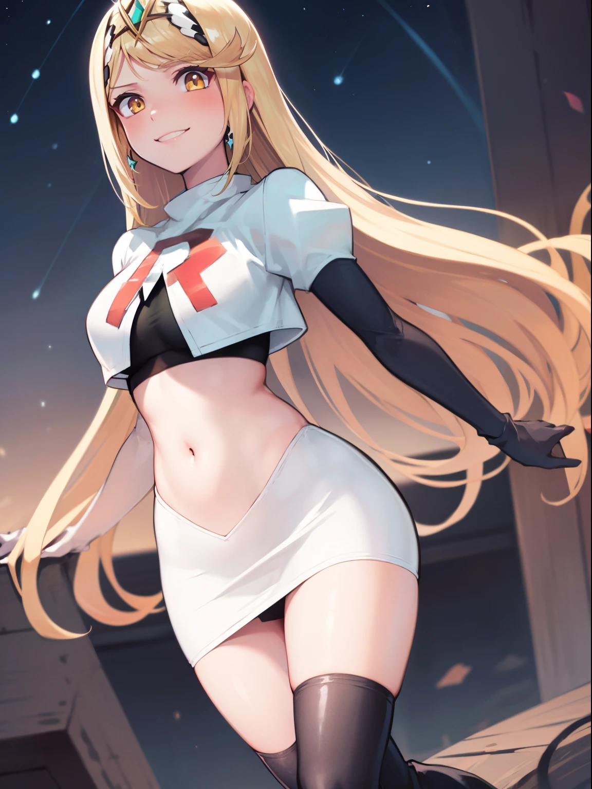 mythra \(xenoblade\), blond hair, yellow eyes, team rocket uniform, red letter R, white skirt,white crop top,black thigh-high boots, black elbow gloves, smile, looking at viewer, cowboy shot, sexy pose, night sky background