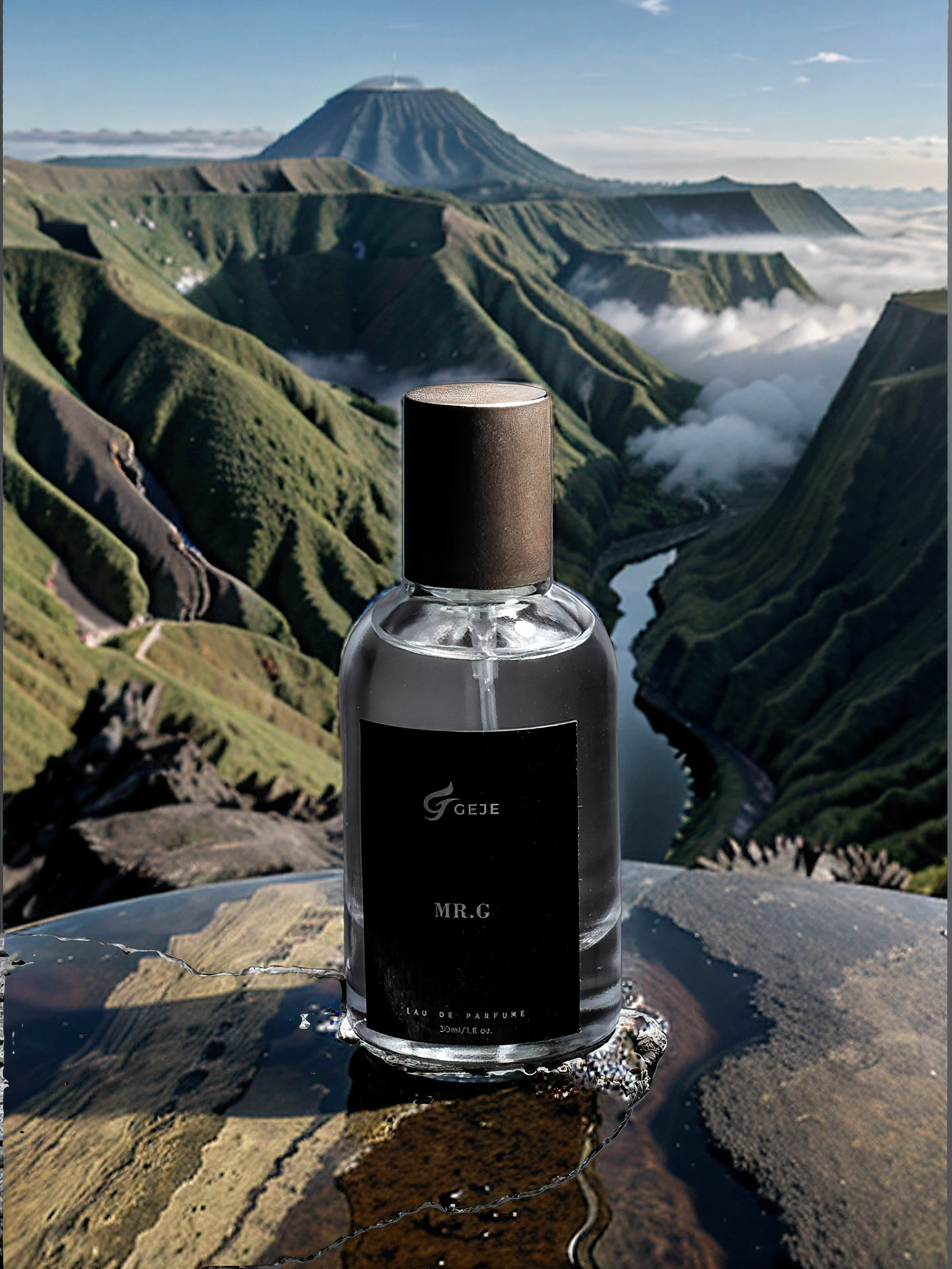 small bottle with clear water on the edge of cliff, forest background, bromo mountain, mountain peak in the background