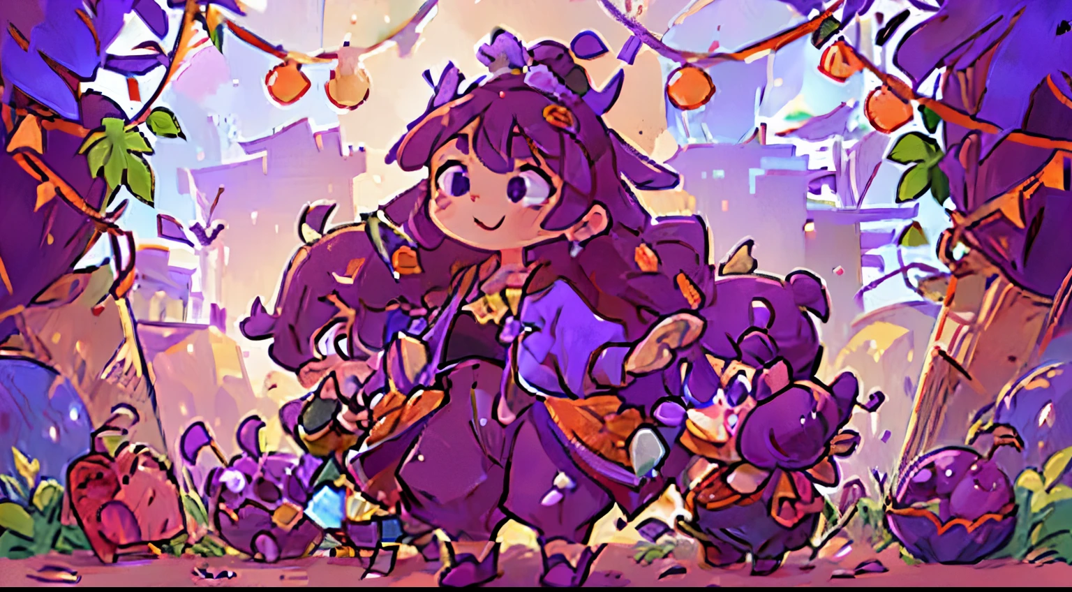 wearing purple skin,decorative grape elements,Five-headed body,Large scene of lively little girl standing