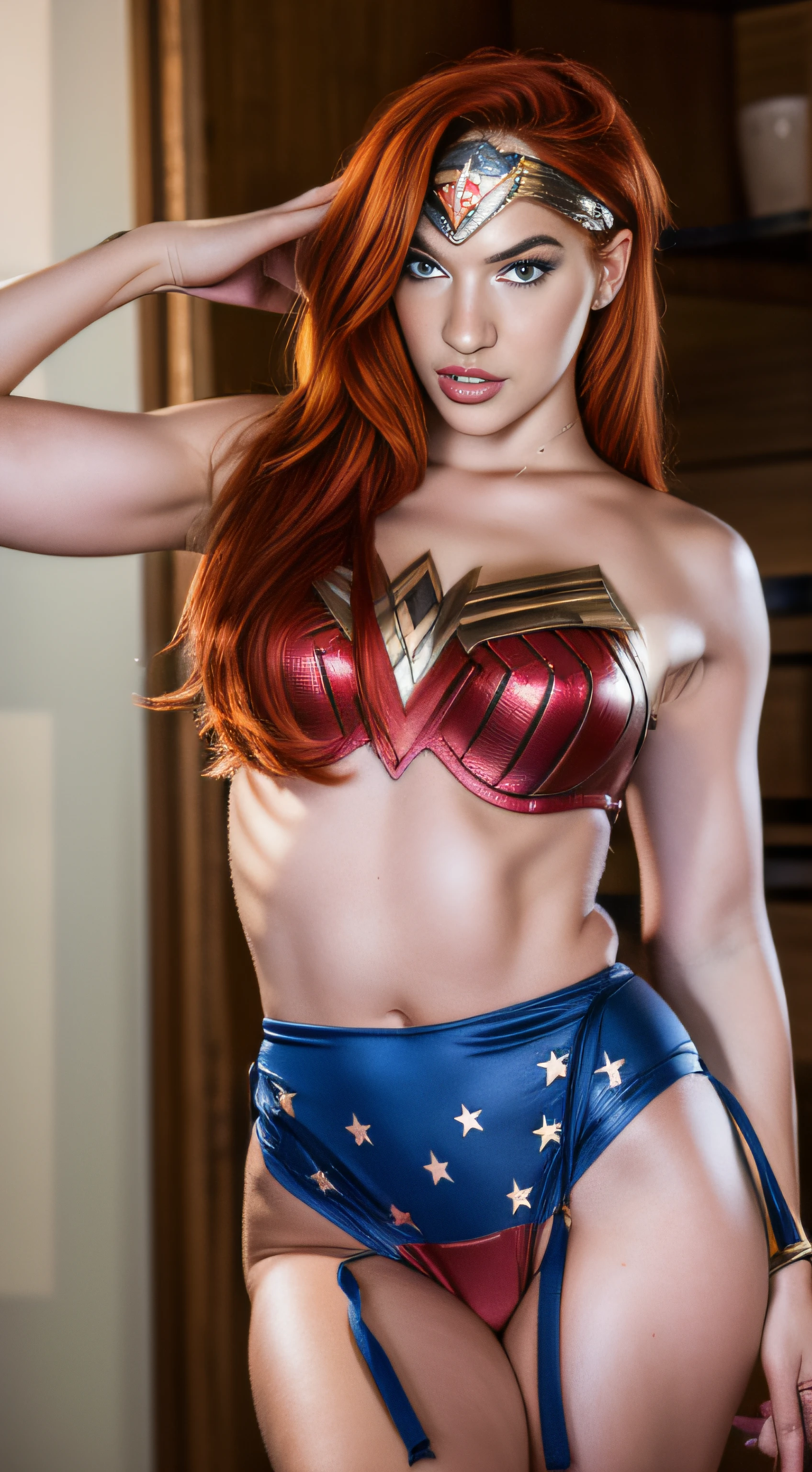 (best quality,4k,8k,highres,masterpiece:1.2),ultra-detailed,(realistic,photorealistic,photo-realistic:1.37),portrait, Carly ,beautiful detailed eyes,beautiful detailed lips,extremely detailed face,long eyelashes, sexy,soft lighting,subtle background,professional photography,vivid colors full body , kidnapped by a fan, blushing face () full body (seductive) (ready for sex) (biting her lips) ( Wonder Woman outfit) (blue eyes) (red hair) (ponytail) (missbri)