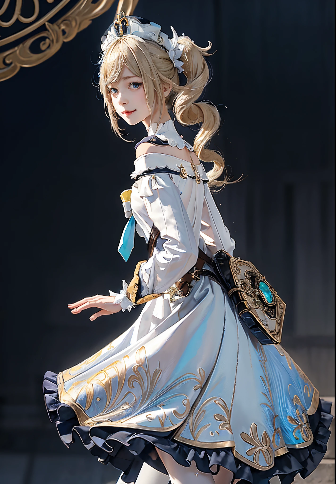 masutepiece, Best Quality,  1girl in,Smile,, hat,Latin Cross,Blonde hair, Long hair,Twin-tailed,twin drills, Blue eyes,Bow,White Dress,frills skirt,Detached sleeves, Dress Cloth,White pantyhose,Boken,Belt bag,Fountain in the background、sparkling water splash、