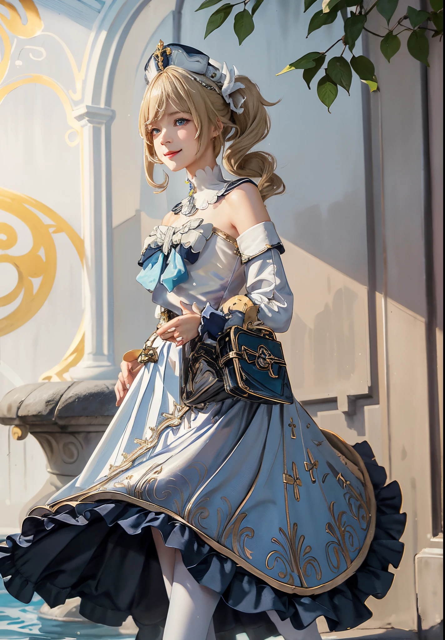 masutepiece, Best Quality,  1girl in,Smile,, hat,Latin Cross,Blonde hair, Long hair,Twin-tailed,twin drills, Blue eyes,Bow,White Dress,frills skirt,Detached sleeves, Dress Cloth,White pantyhose,Boken,Belt bag,Fountain in the background、sparkling water splash、