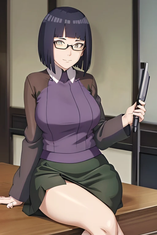 There is a woman sitting on a chair，holding laptop, Wear a strict black suit, sittinng on the desk, wearing a strict business suit, On a table, wearing a strict business suit, Japanese goddess, thighhighs and skirt, sat at her desk, sittinng on the desk, Sitting at your desk, dressed in a suit, elegant legs, seductively looking in front, Crossed legs, Sakura Futaba, Orange hair, Blunt bangs, Purple eyes, Violet eyes, Glasses, white button-down blouse, Earphone, thicc, Green jacket, Thick thighs