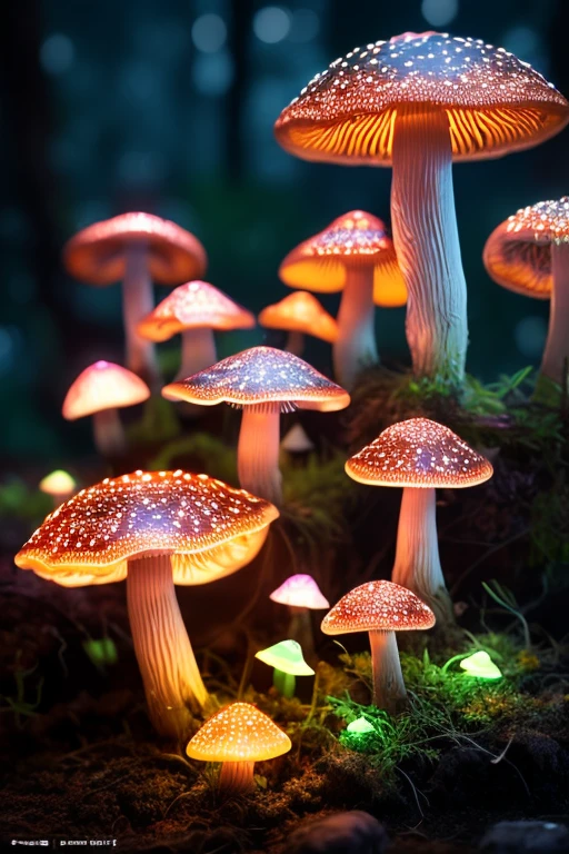 bioluminescent mushrooms, mushroom creatures, mushroom monsters, translucent mushrooms glow, flying spores, dynamic, particulate, intricate, elegant, highly detailed, sharp focus, octane render,