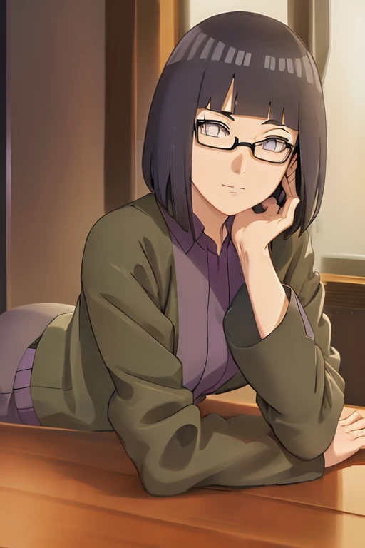 There is a woman sitting on a chair,holding laptop, Wear a serious black suit, sittinng on the desk, Wearing a smart business suit, On a table, Wearing a smart business suit, Japan goddess, stockings and skirt, sat at her desk, sittinng on the desk, sit at your desk, dressed in a suit, Elegant legs, Looking ahead seductively, crossed legs, Sakura double leaves, orange color hair, bluntbangs, a purple eye, violet colored eyes, eye glass, White button-down shirt, Earphone, thicc, Green jacket, Thigh thick