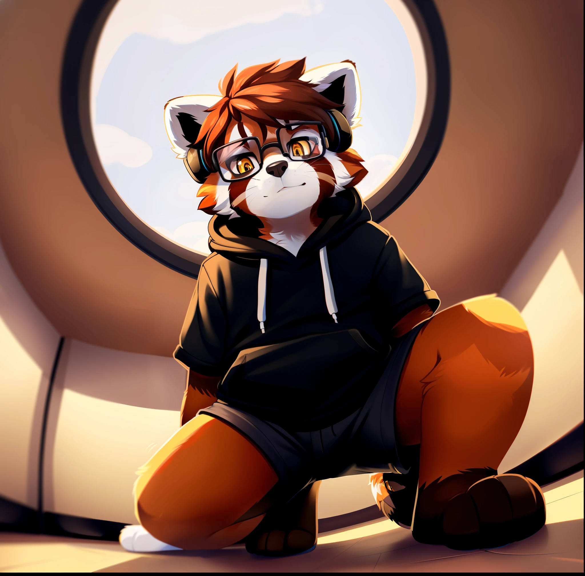 red panda, anthro, male, chubby, femboy, solo, black short sleeve hoodie, black shorts, headphones, black glasses, calm, amber eyes, looking up perspective, perspective from tiny, leaning over, crouched down, low angle, paws, (he is looking at tiny), (coffeesoda:1.1), hioshiru, zackary911