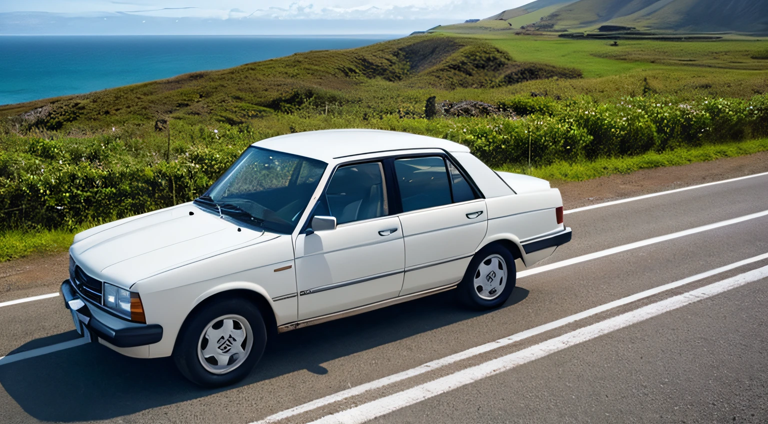 A white car abandoned on the road along the coast、