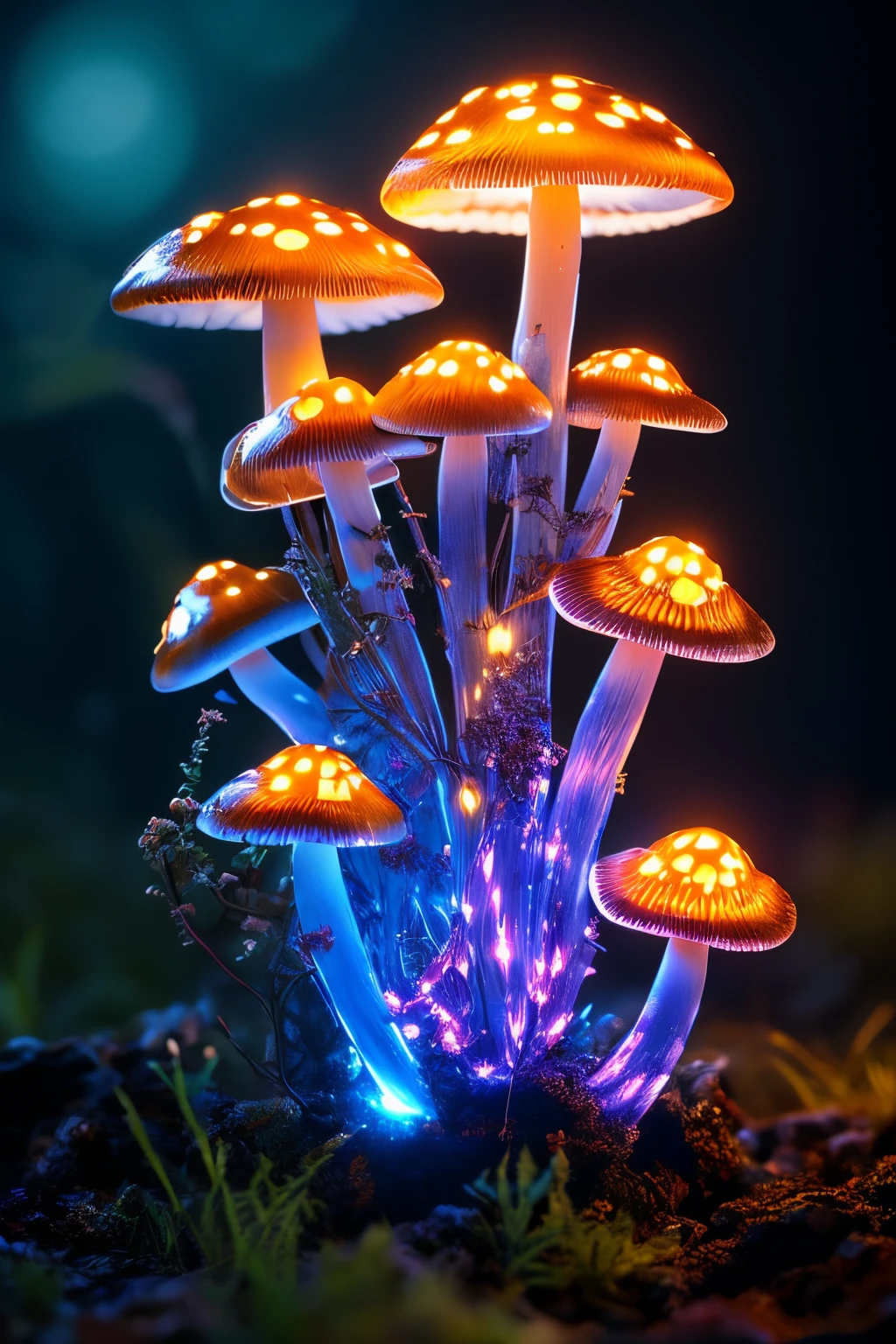 bioluminescent mushrooms, mushroom creatures, mushroom monsters, translucent mushrooms glow, dynamic, particulate, intricate, elegant, highly detailed, sharp focus, octane render,