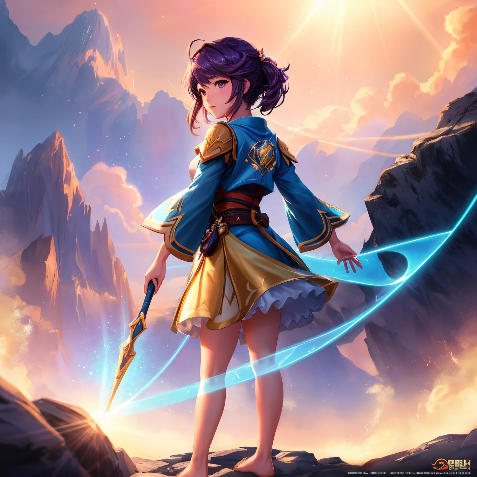 a close up of a masterpiece, best quality, 1girl, solo, guizhong_genshin, default_dress, from behind, starry sky print, sleeves over wrists, barefoot standing in front of a light beam, glowing lens flare wraith girl, 8 k hd wallpaperjpeg artifact, 8k hd wallpaperjpeg artifact, rossdraws global illumination, taliyah, concept art wallpaper 4k, rossdraws volumetric lighting, blizzard game concept art, high quality digital concept art