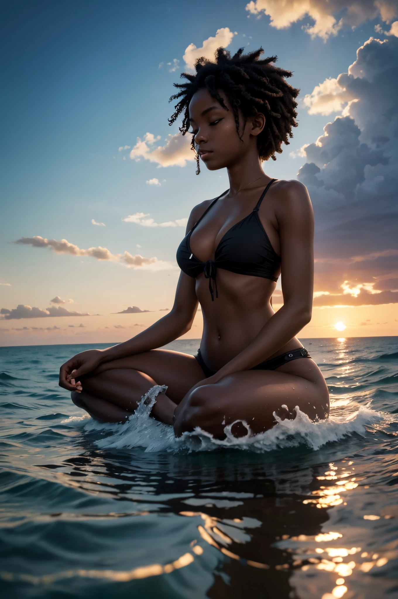 there is a black woman facing the sunset, sitting above the water, rising from ocean, levitating, in a powerful zen state, meditative, serene expression, meditation pose, meditation, rising up from ocean, meditating, Kubera Mudra, meditating pose, treading above calm water, body in water, calm waves, vibration ripples, lotus pose, figure meditating close shot, goddess of the ocean