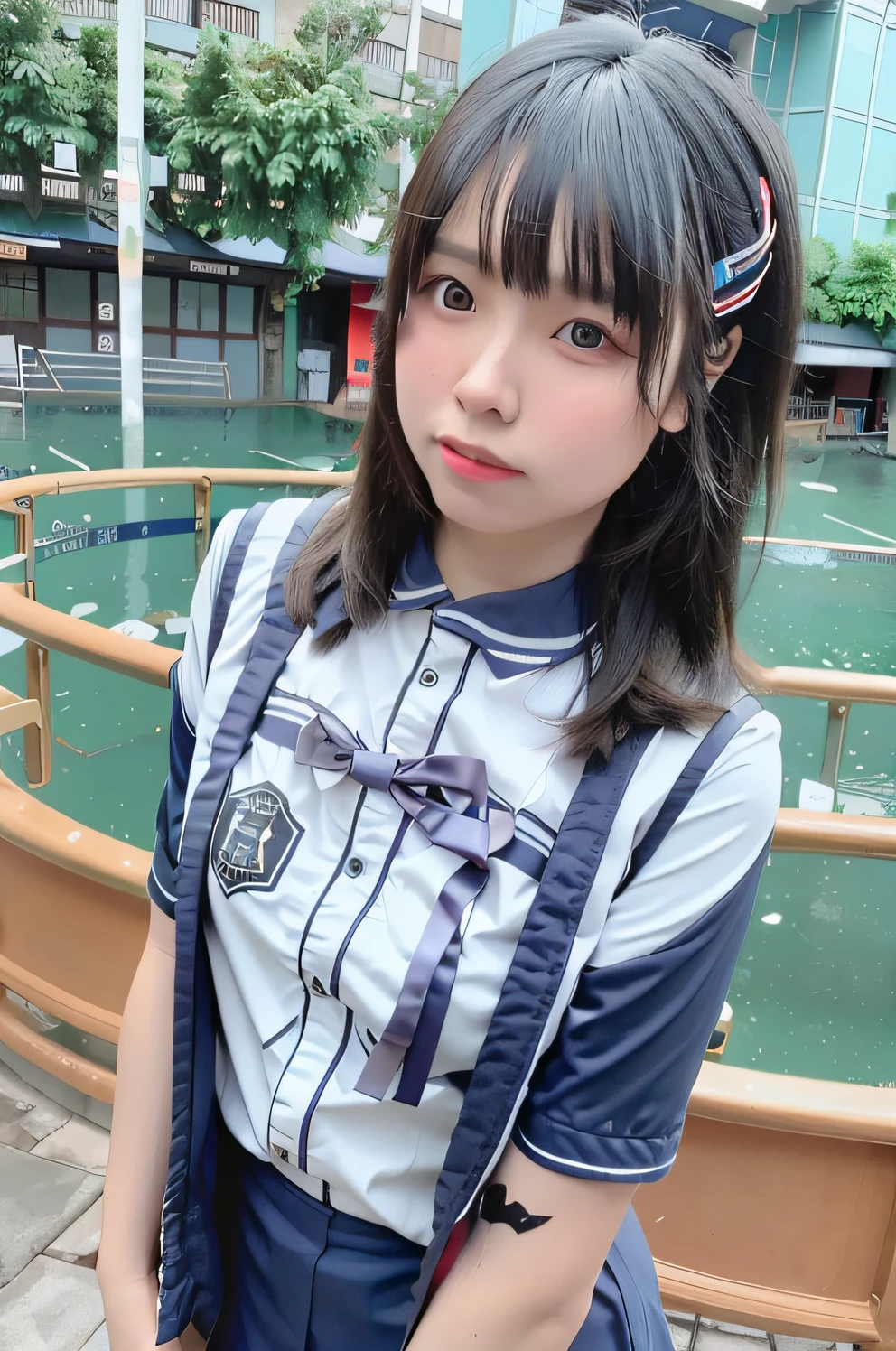 There was a woman standing next to a bicycle.., girl wearing uniform, JK Uniform, wearing school uniform, realistic schoolgirl, Student, wearing japanese school uniform, realistic schoolgirl, wearing school uniform, anime thai girl, Seifuku, realistic schoolgirl, japanese girl school uniform, japanese school uniform, school girl, Magic School Uniform