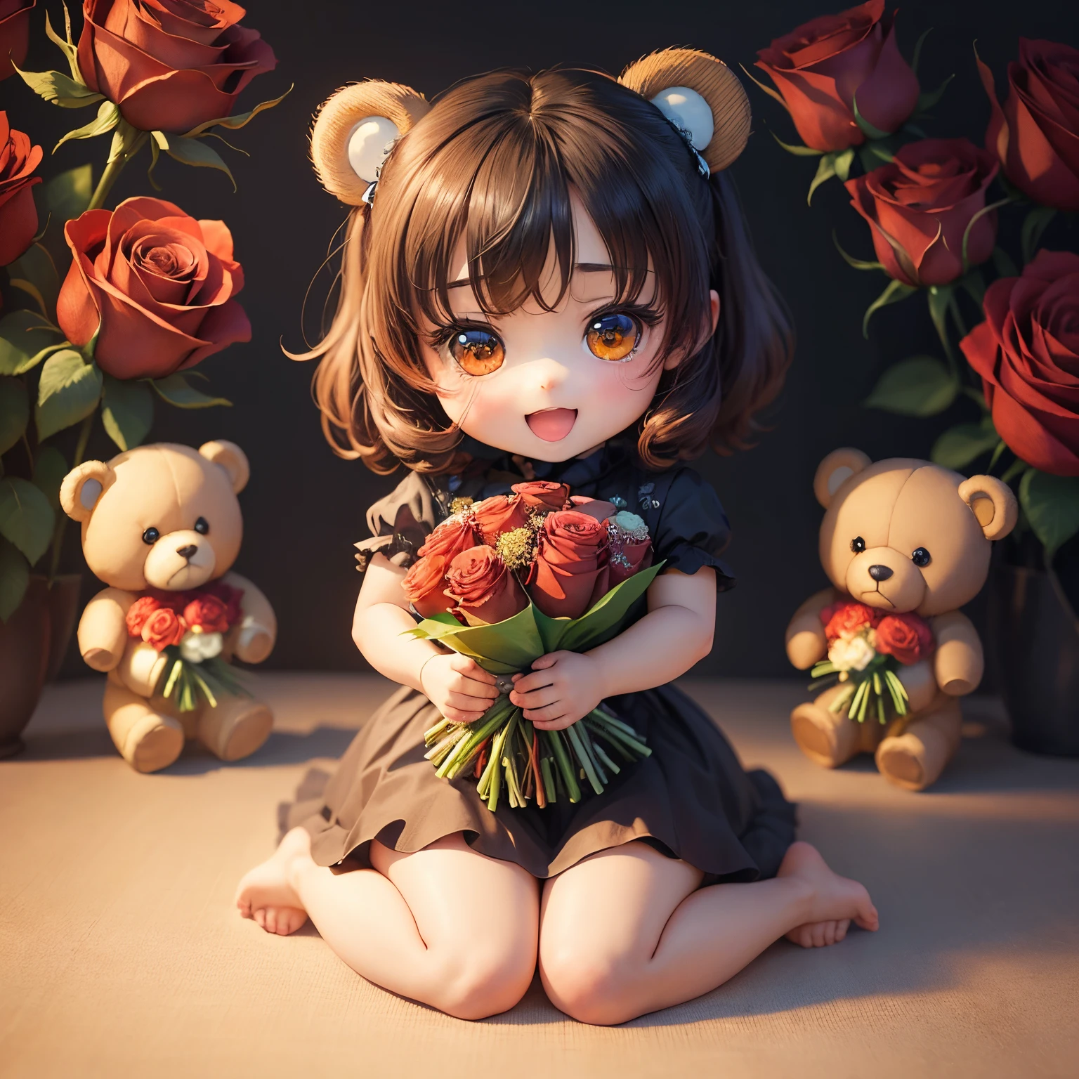 masterpiece、top-quality、ultra-detailliert、(chibi character teddy bear:1.2)、(with a bouquet of roses:1.2)、simple background、Open your mouth and smile