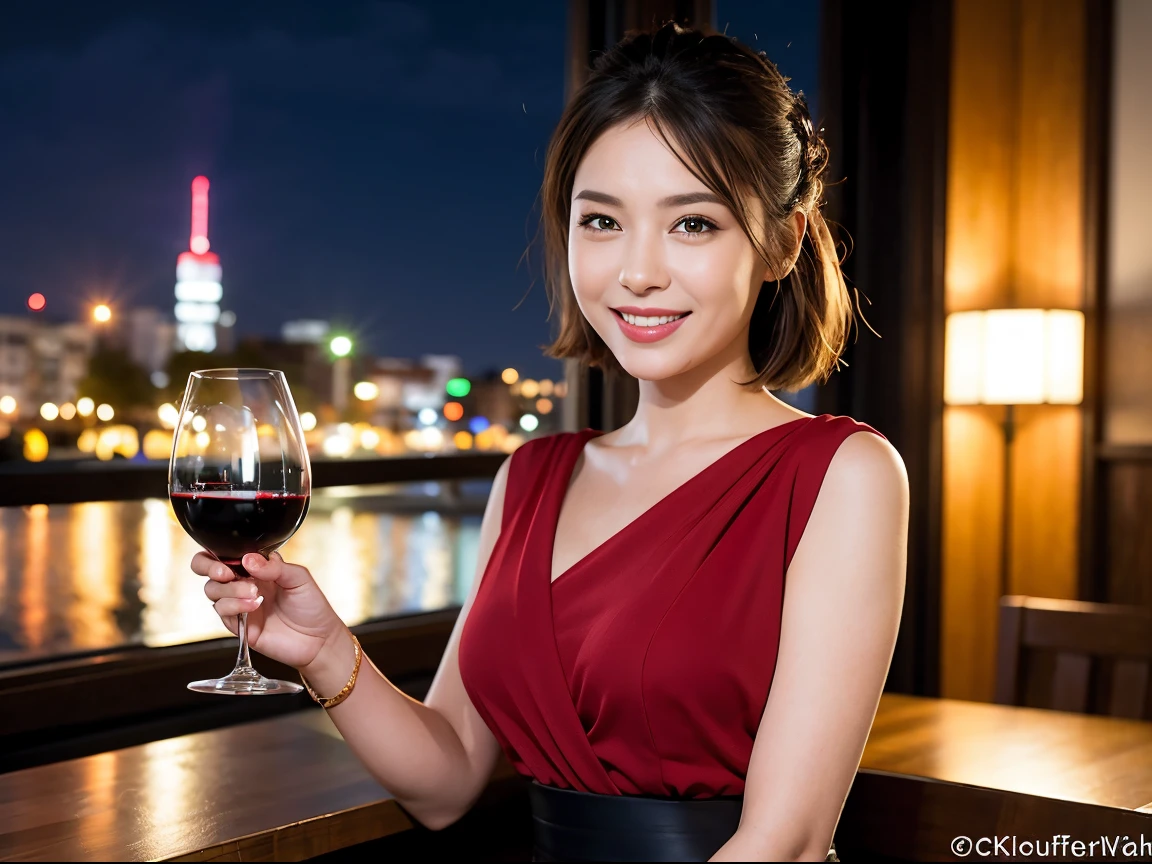 (64K, UHD, top quality, masterpiece: 1.2), (realistic, photorealistic: 1.37), super detailed, pretty woman 1 person, (slim face), (slim body), (brown hair), (short cut), cheeks slightly blushing, (42 years old), 38 years old, solo, beautiful detailed urban night view outside the window, restaurant, wine glasses sit, night, in a prominent place (from the waist up) NovaFrogStyle, Actress, Model, Waist Up, White Wine, Slim, Wine Glass, Super Clean Night View, Wine Glass Put in the Middle, Happy Smile, (Smile: 1.15), Beautiful Fine Eyes, Upper Body, Bust Japan Up, Night, Short, Short, Actress, Model, Waist Up, White Wine, Slim, Wine Glass, Super Clean Night View, Wine Glass Put in the Middle, Happy Smile,