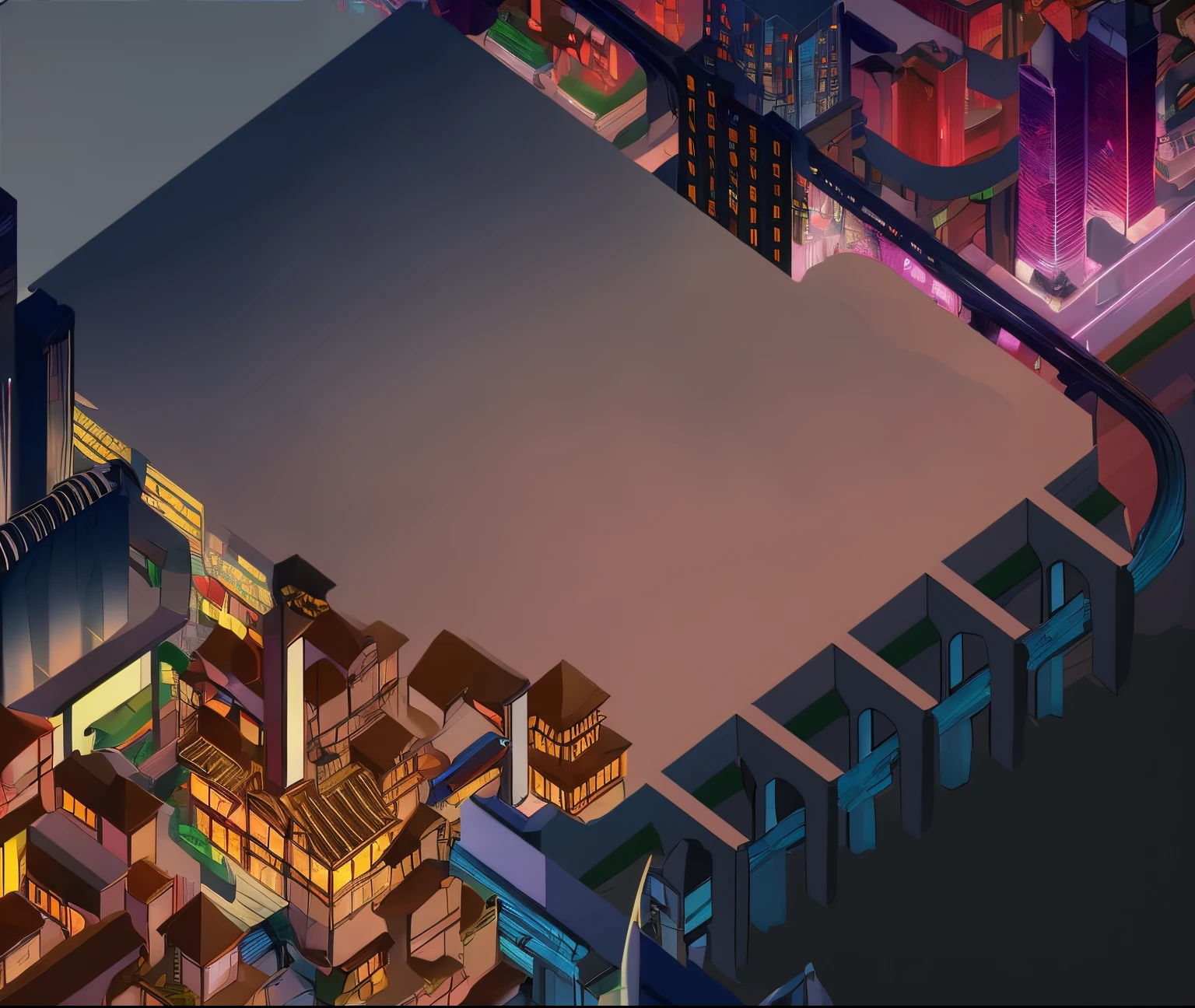 There is a picture of the city,Chongqing,Hongya Cave,train passing railroad tracks, incredible isometric screenshot, Isometric 8K, isometric game art, isometric art, Pre-rendered isometric graphics, isometric pixel art, textured city at night, Cyberpunk city setting, Isometric future game, Isometric 2D Game Art, city in the style of cyberpunk