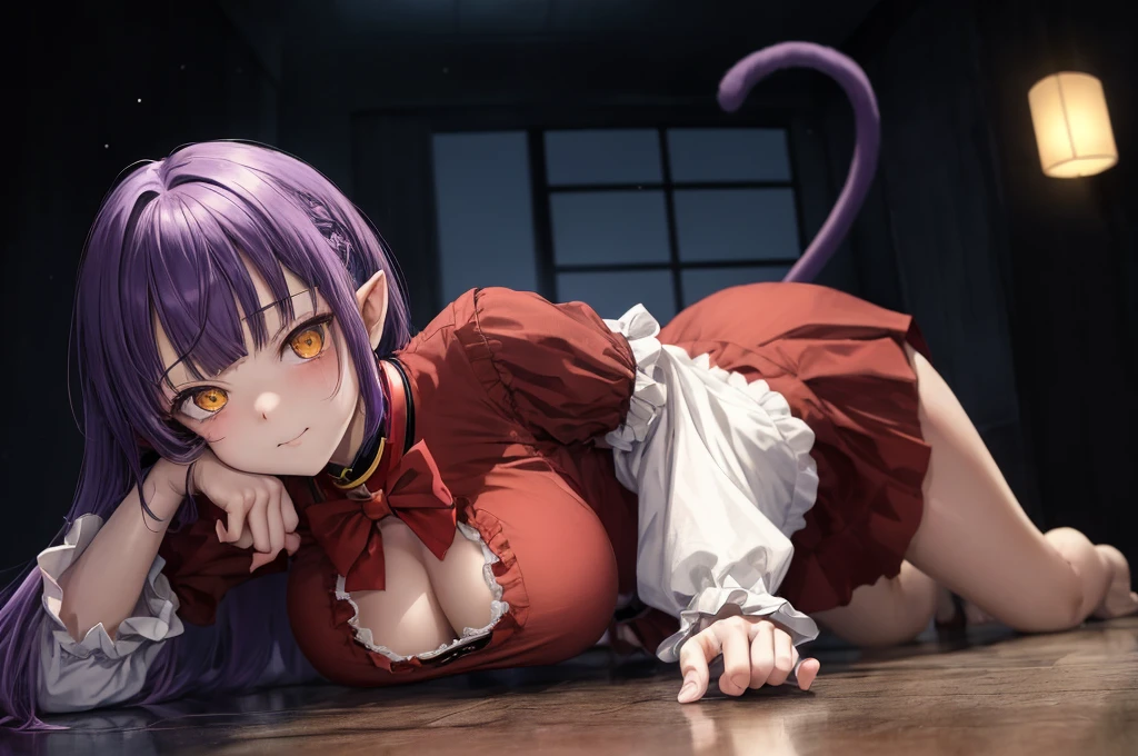 nm1, Cat lady, Cat lady \(Brother's Kitaro 6\)
Purple colored hair, yellow-eyed, Alone, Red dress, Red collar, hair pin, pointy ears, short detailed hair, white shirt, longer sleeves, red bowtie, By bangs, 鎖骨, brooch, jewely, (Bare legged),
(8K, tmasterpiece, Best quality at best, ultra - detailed),
1个Giant Breast Girl, Alone, kawaii, cute big breasts, The eyes are large, Beautiful anime eyes, petty face,
on the floor on all fours,
Be red in the face, :3, cow boy shot,
the night,
looking at viewert,