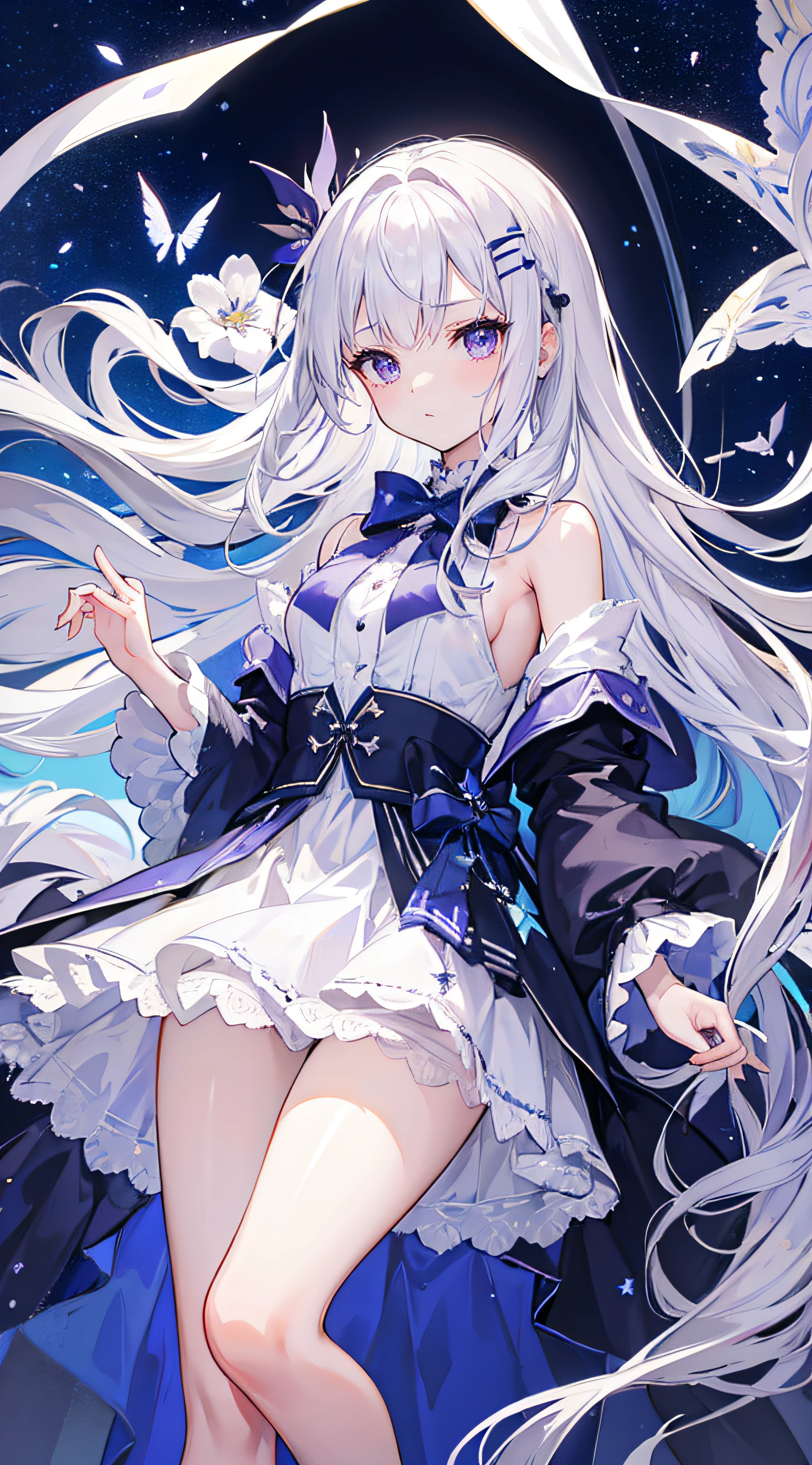 Long silver-white hair and waist,Scattered hair curtains,Two strands of hair curtains,dark purple eyes,to emphasize,Caring for students,Gorgeous turn,Love to dance,Dark blue sailor dress off-the-shoulder dress,The skirt flutters when turning around,White bloomers reveal some,Light blue bow tie,Crystal hairpins,Under the starry night sky,,Chiquita,Medium build,