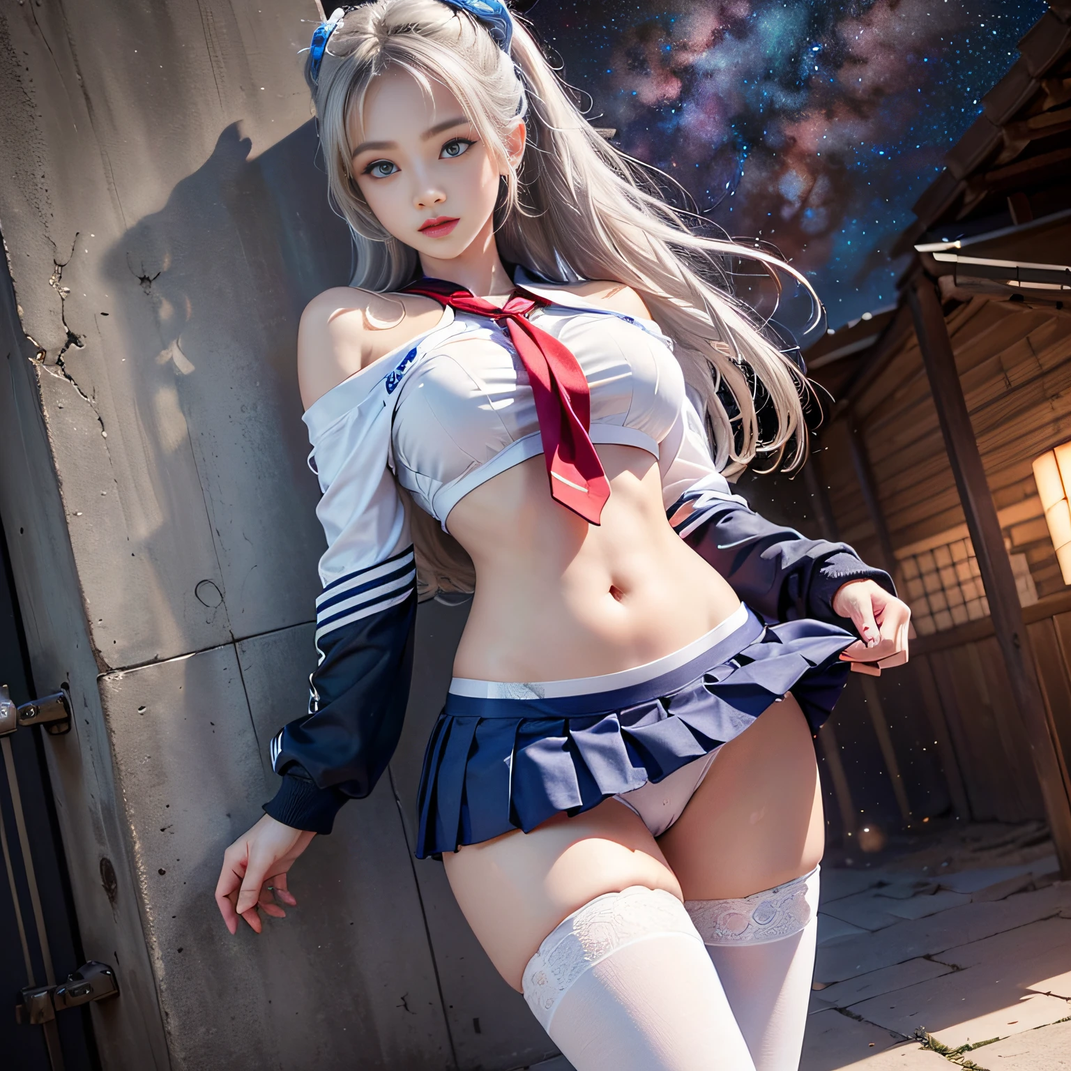 Blonde gray hair, Straight hair, Spread hair, Long hair, PUPILS SPARKLING, long eyelashes, Blue eyes, makeup, Smile, Color Field Painting, Contemporary art,double whirlwind pattern design garment,Iris heterochromatic pupil,((girl with silver ponytail))((off-shoulder white sailor uniform)),((red necktie))、((Navy blue detailed flared miniskirt))((Black stockings))((Black High Heels))、Wallpaper HD of,off shoulders、((erectile nipple))、(Puffy eyes:1.2)、 (Slim legs),(Light shines on the face and chest)、(((((underboob)))))、Lower breast、Oily skin、skinny、 (the underside of the chest is slightly visible),(Visible lower milk、I can see your belly button and ribs)、Hip bones and lower abdomen are visible、Dark blue flared skirt、(lift up skirt),((White T-back panties visible)),((Milky Way galaxy in the background))、 Northern Renaissance, Blurred, blending, From below, From Side, the panorama, ultra wide-angle, Wide Angle, F/1.8, 135 mm, canon, nffsw, retinas, masutepiece, Elaborate, Anatomically correct, Skin Texture, Super Detail, high detailing, High quality, hight resolution, 1080p, hard disk, 4K, 8K, of the highest quality, Sexy Pose , ((cheer girl)), serafuku, Japanese school sailor uniform, darkblue pleated skirt:1.27), (From below, White thong, 1.24),(top-quality)、 (masterpiece)、(Professional lighting with fewer shadows)、 (A hyper-realistic)、 (perfect anatomia)、 (In front of the camera、There are two women、Bangs and forehead、And moles under the eyes), (Bright and even whitening skin without wrinkles and steps:1.5), (Beautiful blue eyes with long eyelashes and red tear bags:1.5), (Two people proudly sticking out their chests in front of the camera.:1.2), (Another person on the other side、Turned back with arched hips)、