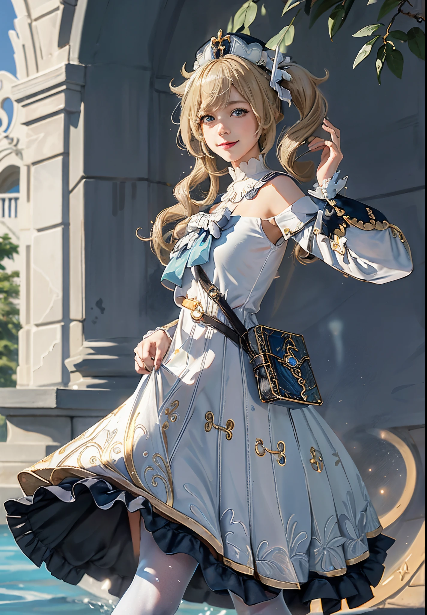 masutepiece, Best Quality, 8K、Raw photo、 1girl in,Smile,, hat,Latin Cross,Blonde hair, Long hair,Twin-tailed,twin drills, Blue eyes,Bow,White Dress,frills skirt,Detached sleeves, Dress Cloth,White pantyhose,Boken,Belt bag,Fountain in the background、sparkling water splash、