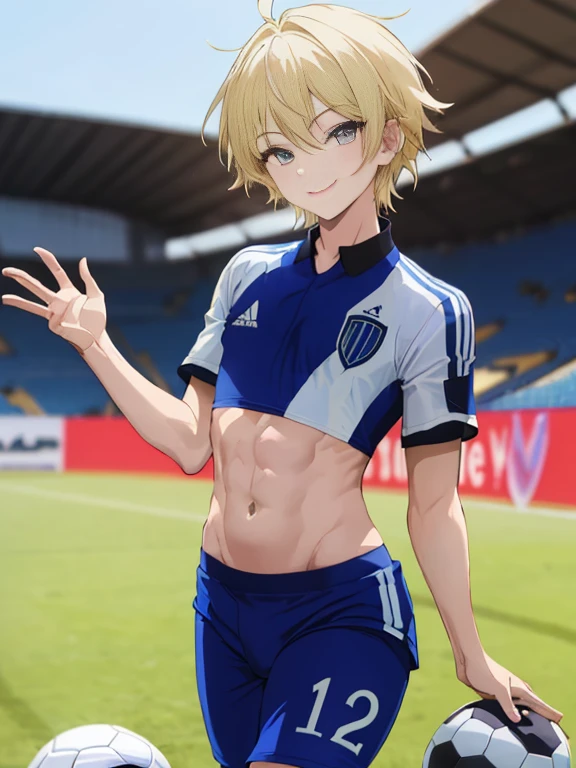Solo, , A young ace striker male idol with a cute face, twinks、Cool boyfriend, Standing, Cool handsome face with smile, blue soccer cleats, Long legs, thighs thighs thighs thighs, Foots, Bulge, (blonde hair、)、 Short, Straight, spiky, Shiny hair, beautiful boy eyes, (blue soccer tight and thin uniform), (blue tight soccer bikini pants), (white thin soccer socks), skyporn, tussock, Cool pose, small height、Looking at the camera、Big ass boast、seductiv、