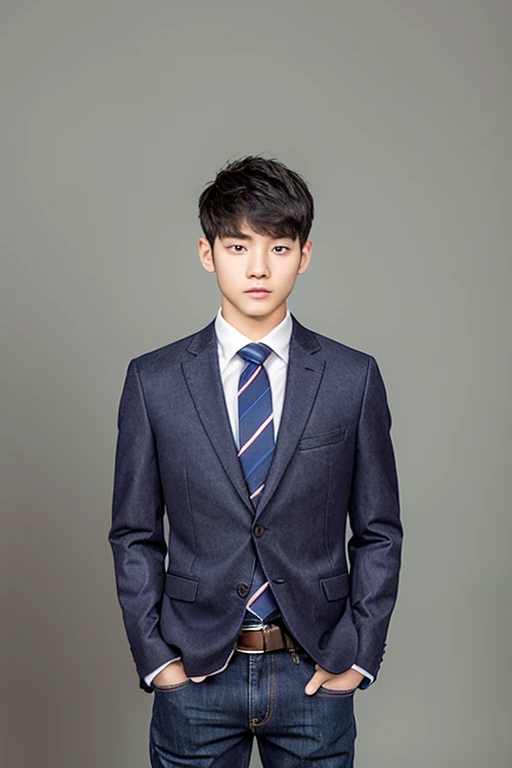 A young man whose upper body is wearing a suit and wearing a tie, and his lower body is wearing jeans and wearing a leather belt standing position.