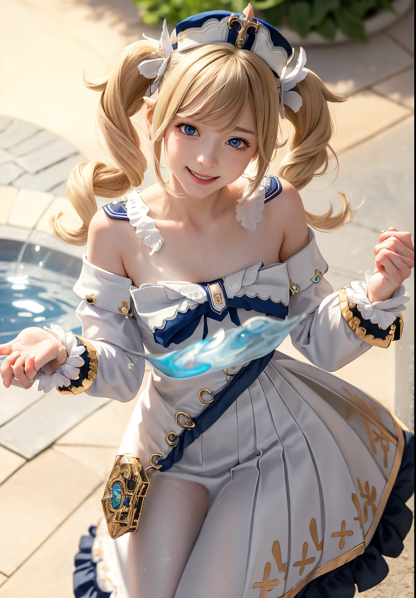 masutepiece, Best Quality, 8K、Raw photo、 1girl in,Smile,, hat,Latin Cross,Blonde hair, Long hair,Twin-tailed,twin drills, Blue eyes,Bow,White Dress,frills skirt,Detached sleeves, Dress Cloth,White pantyhose,Boken,Belt bag,Fountain in the background、sparkling water splash、