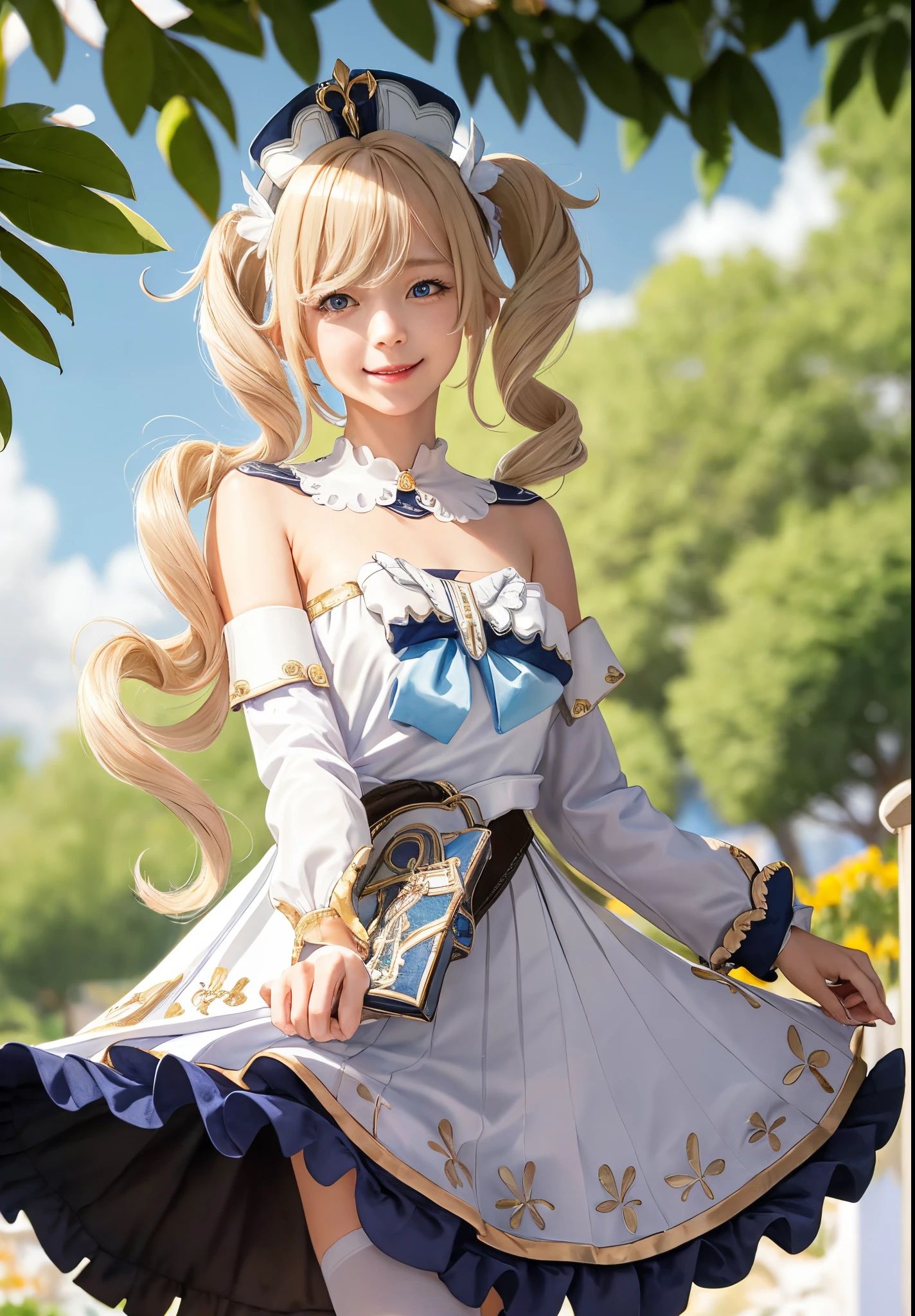 masutepiece, Best Quality, 8K、Raw photo、 1girl in,Smile,, hat,Latin Cross,Blonde hair, Long hair,Twin-tailed,twin drills, Blue eyes,Bow,White Dress,frills skirt,Detached sleeves, Dress Cloth,White pantyhose,Boken,Belt bag,Fountain in the background、sparkling water splash、