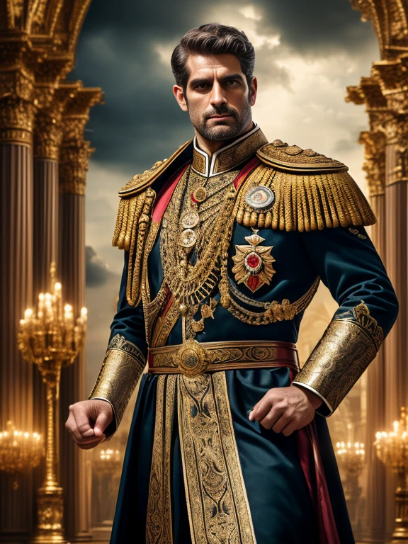 (best quality,4k,8k,highres,masterpiece:1.2),ultra-detailed,(realistic,photorealistic,photo-realistic:1.37),Constantine the Great,34 years old,military emperor,imposing,composed,weighty,illustration,oil painting,portrait,serious expression,impressive stature,strong jawline,powerful physique,armour,regal crown,decorative adornments,palace backdrop,dramatic lighting,color scheme: rich and vibrant,historical atmosphere,deep shadows,metallic textures,sharp and fine brushstrokes,authoritative,commanding presence,stormy sky,classic elegance.