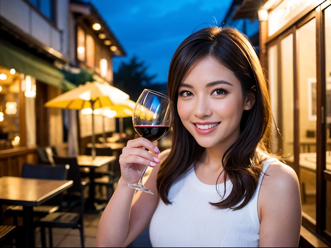 (64K, UHD, top quality, masterpiece: 1.2), (realistic, photorealistic: 1.37), super detailed, pretty woman 1 person, (slim face), (slim body), (brown hair), (short cut), cheeks slightly blushing, (41 years old), 38 years old, solo, outside the window is a beautiful detailed urban night view, restaurant, wine glasses sit, at night, in a prominent place (from the waist up) NovaFrogStyle, Actress, Model, Waist Up, White Wine, Slim, Wine Glass, Super Clean Night View, Wine Glass Put in the Middle, Happy Smile, (Smile: 1.15), Beautiful Fine Eyes, Upper Body, Bust Japan Up, Night, Short, Short, Actress, Model, Waist Up, White Wine, Slim, Wine Glass, Super Clean Night View, Wine Glass Put in the Middle, Happy Smile,