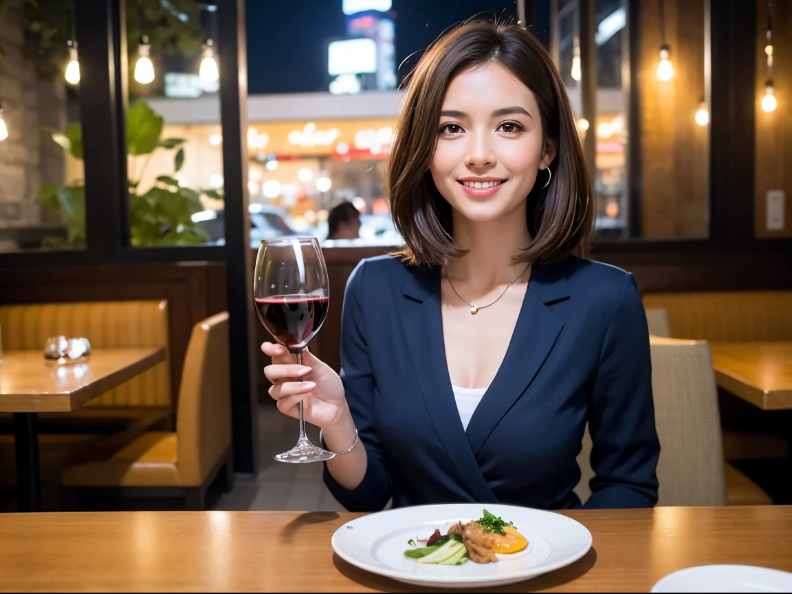 (64K, UHD, top quality, masterpiece: 1.2), (realistic, photorealistic: 1.37), super detailed, pretty woman 1 person, (slim face), (slim body), (brown hair), (short cut), cheeks slightly blushing, (41 years old), 38 years old, solo, outside the window is a beautiful detailed urban night view, restaurant, wine glasses sit, at night, in a prominent place (from the waist up) NovaFrogStyle, Actress, Model, Waist Up, White Wine, Slim, Wine Glass, Super Clean Night View, Wine Glass Put in the Middle, Happy Smile, (Smile: 1.15), Beautiful Fine Eyes, Upper Body, Bust Japan Up, Night, Short, Short, Actress, Model, Waist Up, White Wine, Slim, Wine Glass, Super Clean Night View, Wine Glass Put in the Middle, Happy Smile,
