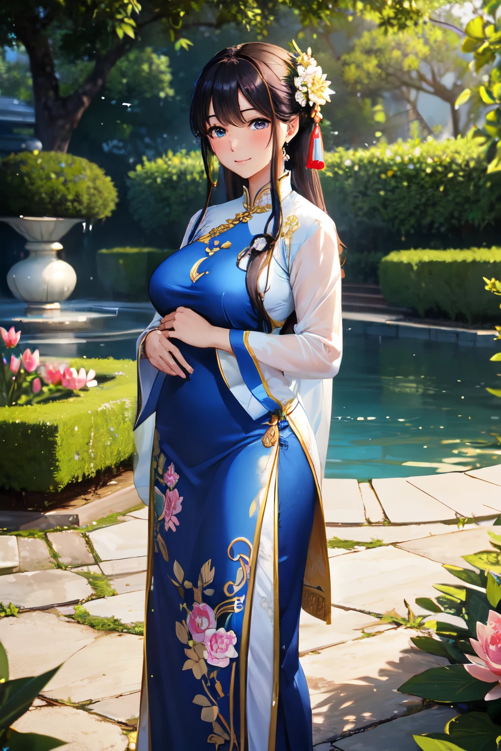 (High quality, High resolution, Fine details), Realistic, traditional Vietnamese ao dai, beautifully designed, embroidered floral patterns, flowing silk fabric, exquisite detail, Woman wearing ao dai in blue colors, graceful posture, standing in a tranquil garden, gentle breeze, floating lotus flowers, serene atmosphere, lush greenery, peaceful and harmonious scene, delicate accessories, silk ribbon in her hair, solo, curvy women, sparkling eyes, (Detailed eyes), smile, blush, Sweat, Oily skin, shallow depth of field