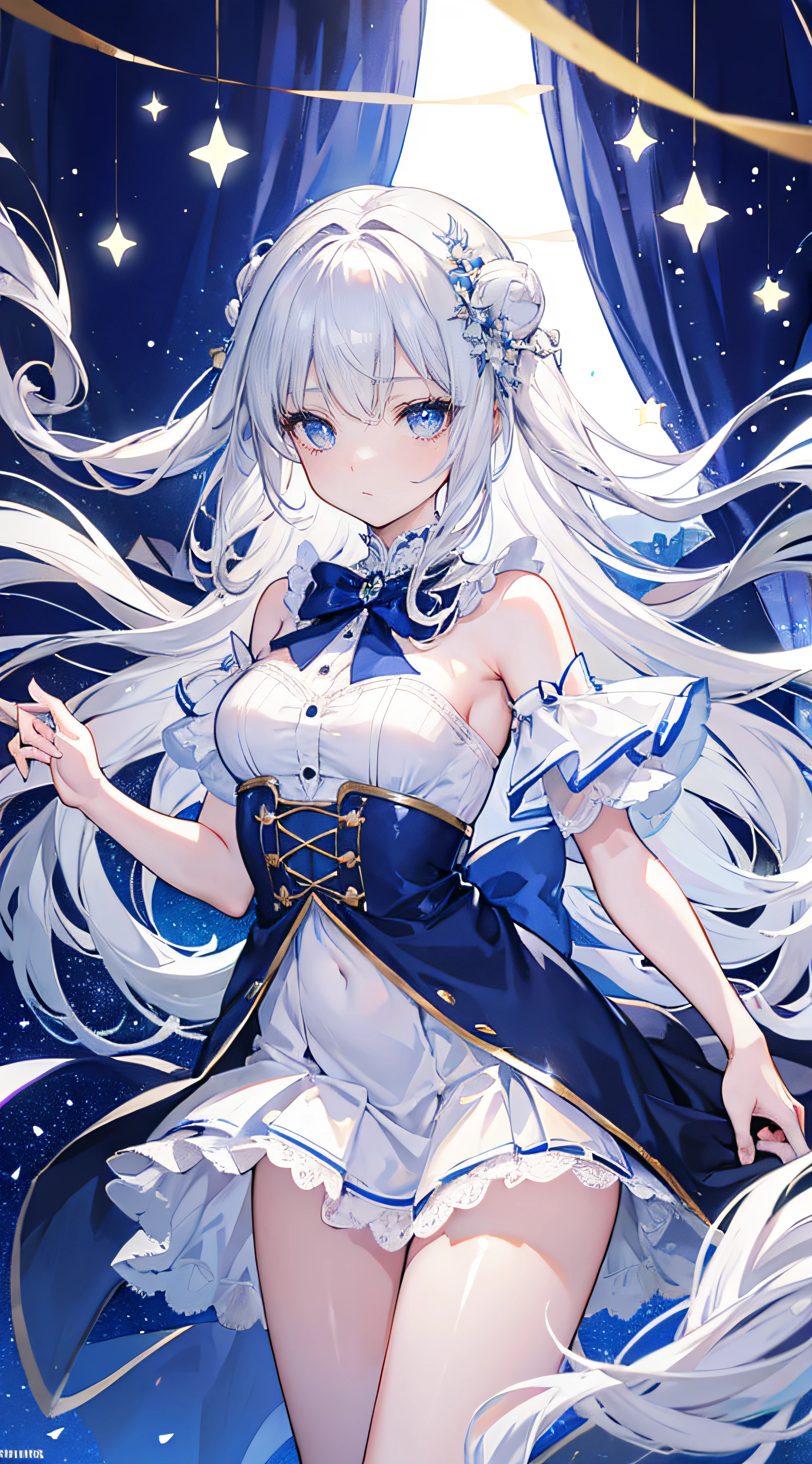 Long silver-white hair and waist,Scattered hair curtains,Two strands of hair curtains,crystal blue eyes,to emphasize,Caring for students,Gorgeous turn,Love to dance,Dark blue sailor dress off-the-shoulder dress,The skirt flutters when turning around,White bloomers reveal some,Light blue bow tie,Crystal hair accessories,Under the starry night sky,great white house,Chiquita,Medium build