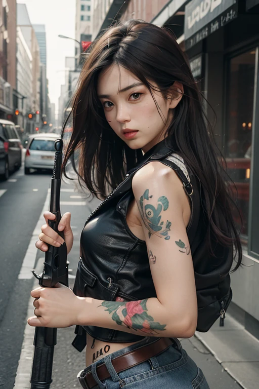hyper-realistic texture、automatic rifle、tattoo