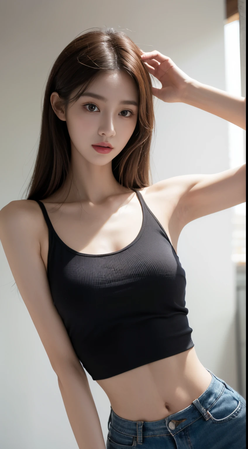 (Photorealistic),(Masterpiece),(ultra-detailed),a very close shot of very pretty tall idol girl but so busy that she had starved for a month so very close to fainting but somehow stays conscious for her fans and has extremely thin waist and arms which are just bones and thinner than sticks and she is wearing a tank top