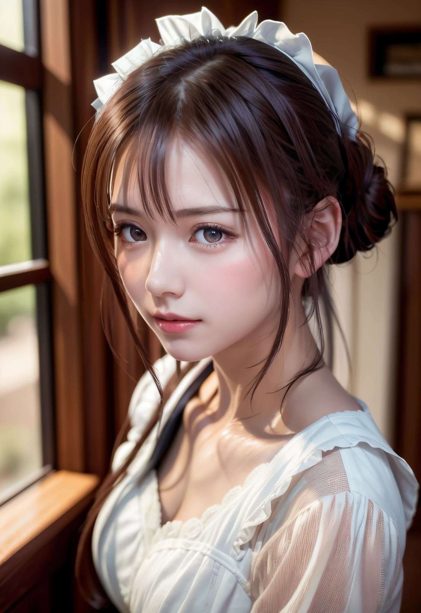 8K, of the highest quality, masutepiece:1.2), (Realistic, Photorealsitic:1.37), of the highest quality, masutepiece, Beautiful young woman, Pensive expression,、A charming、and an inviting look, Cute Maid Clothes, Hair tied back, Cinematic background, Light skin tone