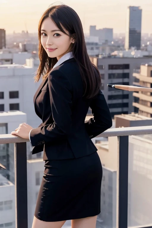 masutepiece, Best Quality, hight resolution,Detailed face,1girl in, Japanese,large full breasts,Smile,(Simple business suit,Jacket,pencil skirts:1.1),high-heels,tokyo prefecture, On the rooftop, Overlooking, bustling city, urban jungle, highrise buildings, a panoramic view, Sunset, sky line,Windy,(:1.5),Office,Open mouth,from the rear,Spread legs,Windy,Accurate depiction of big eyes