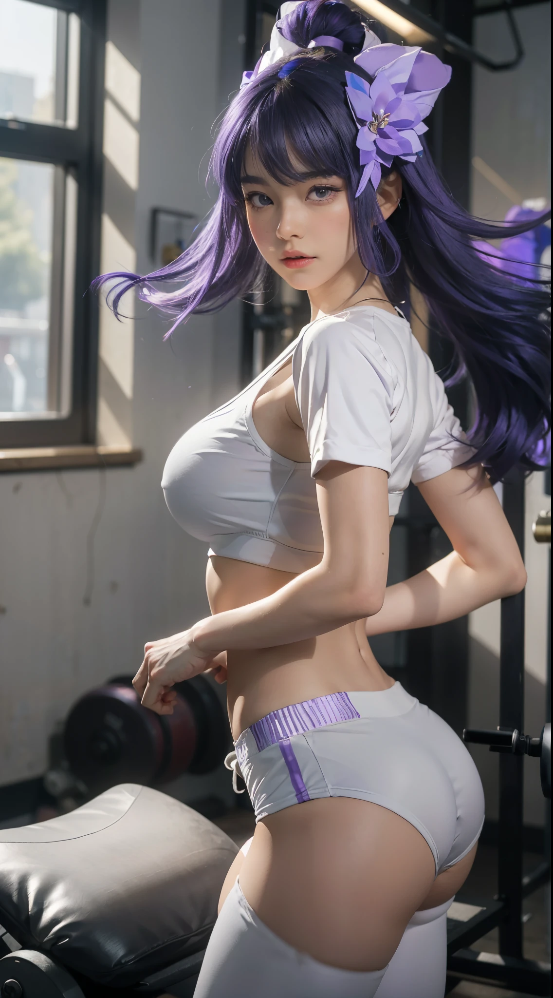 (best qualtiy)Meticulous sportswear girl,Sit on the floor of the gym,spread their legs,Camel toes,Wear delicate white leggings and a sports bra,Protruding small abdominal muscles,And adds a cinematic touch to the scenes in the super one,huge tit,Film lighting completes the overall atmospher, purple hair, purple cloth,